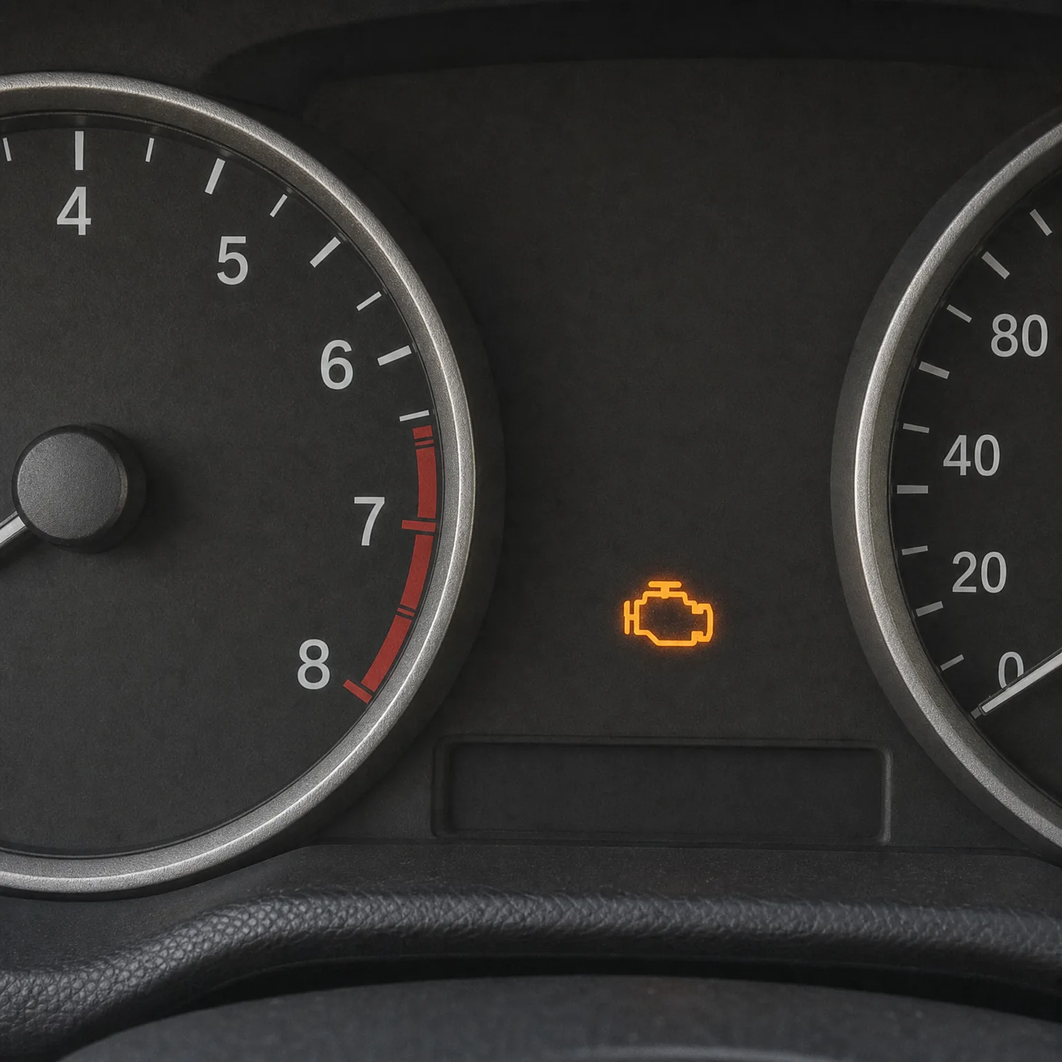 Close-up of a car instrument cluster showing a tachometer with a red zone past 7 and a partial speedometer, with an illuminated orange engine-shaped warning light between them.