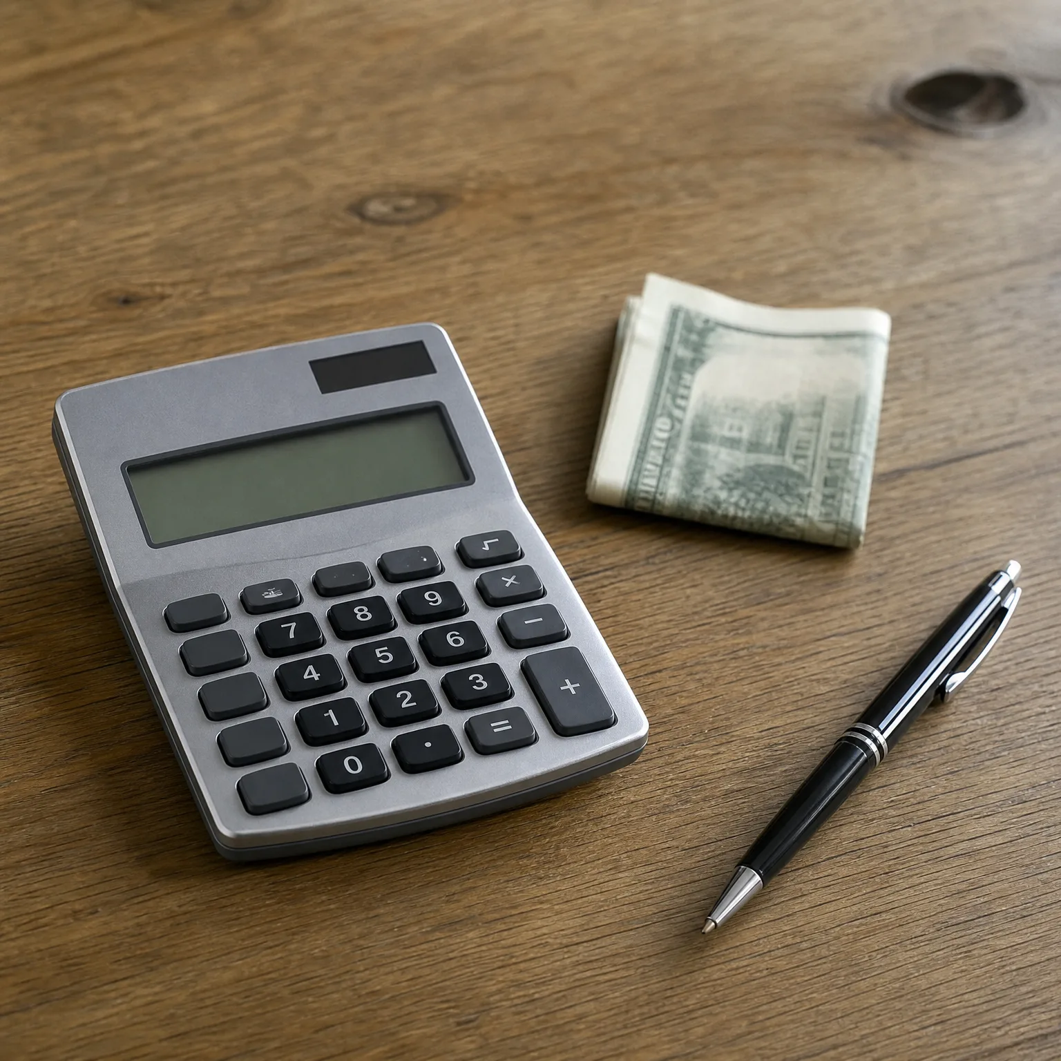 A silver desktop calculator, a folded stack of banknotes, and a black ballpoint pen on a wooden table.