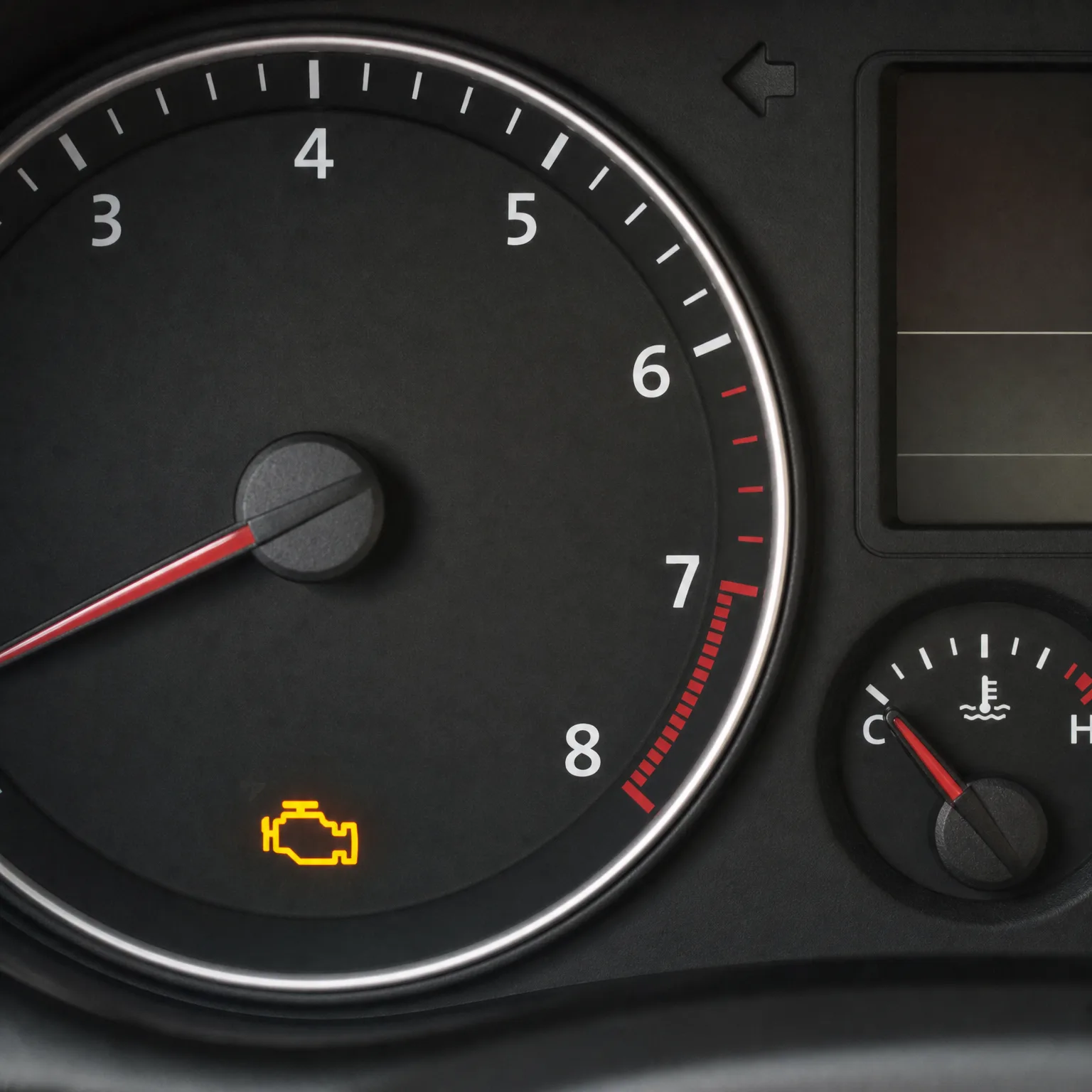 Close-up of a car instrument cluster showing a tachometer with a red needle and red redline zone past 6, an illuminated amber check-engine symbol, and a coolant temperature gauge reading near C.