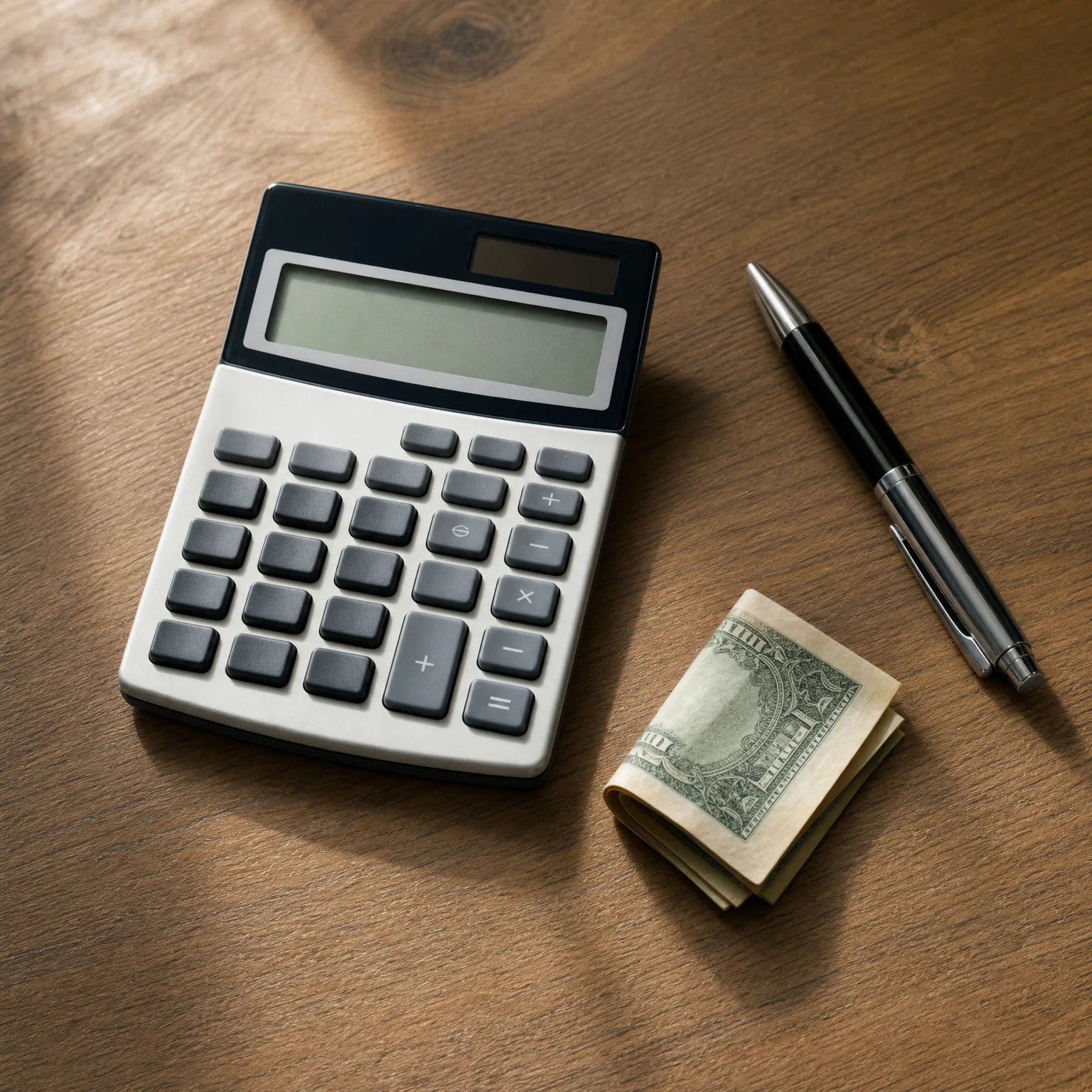 A desktop calculator, a black and silver ballpoint pen, and a folded banknote lying on a wooden surface.