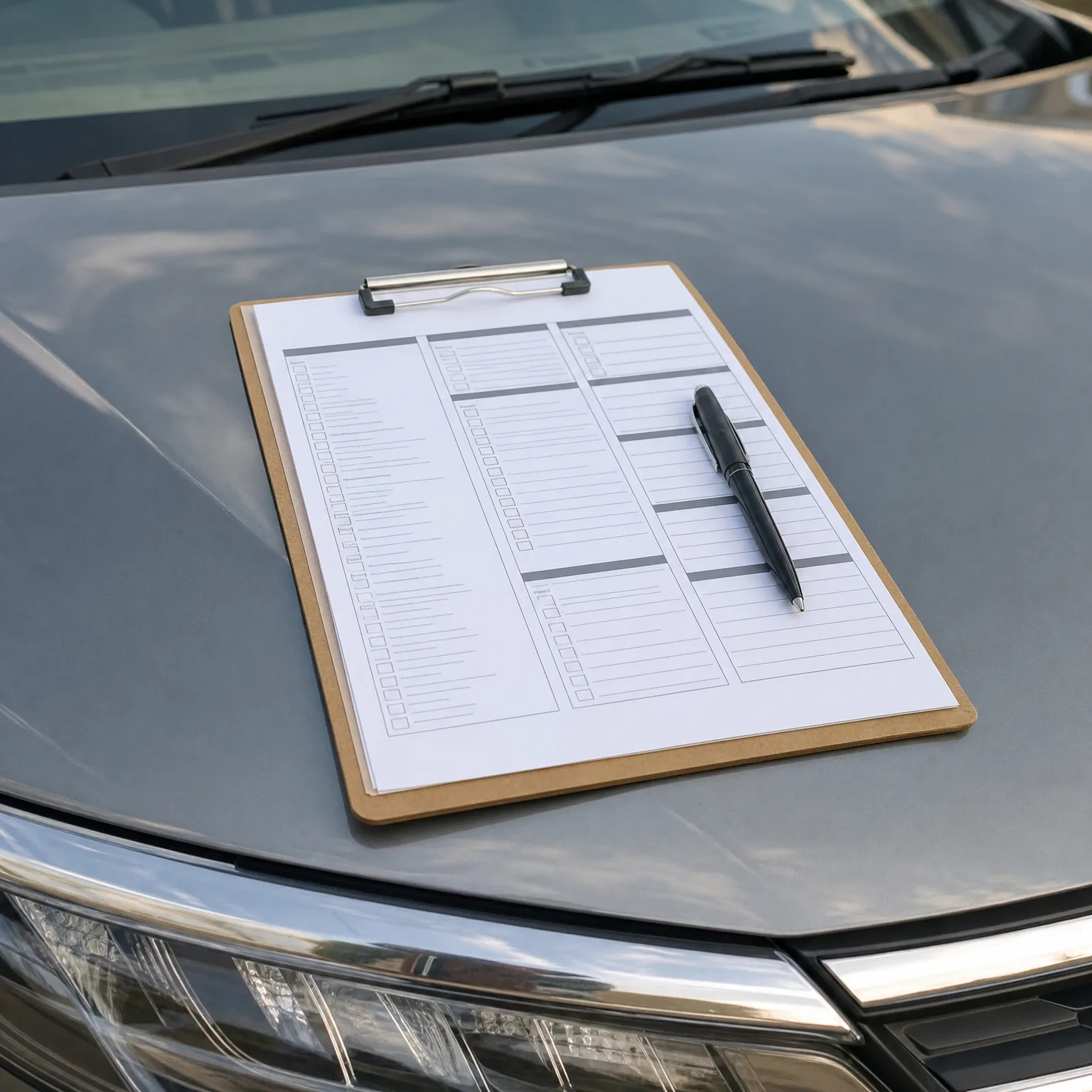 A wooden clipboard holding a printed checklist form with a black pen resting on it, sitting on the gray hood of a car near the windshield wipers.