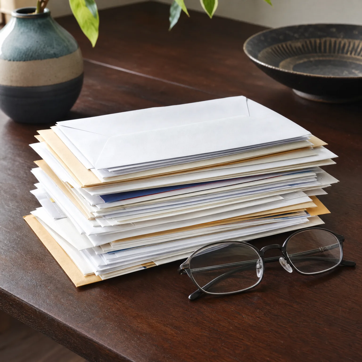 A stack of white, cream and manila envelopes on a dark wooden table, with a pair of metal-framed eyeglasses beside it, a glazed vase with a trailing plant and a dark bowl in the background.