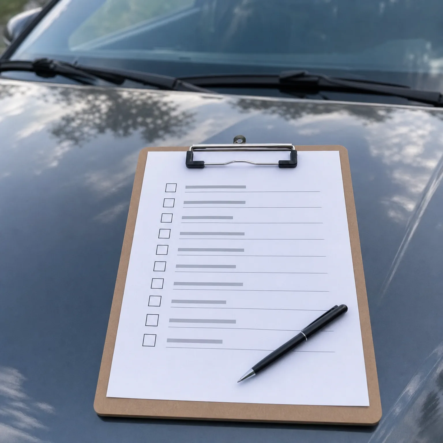 A wooden clipboard holding a printed checklist with empty checkboxes and a black pen rests on the hood of a dark car below the windshield wipers.