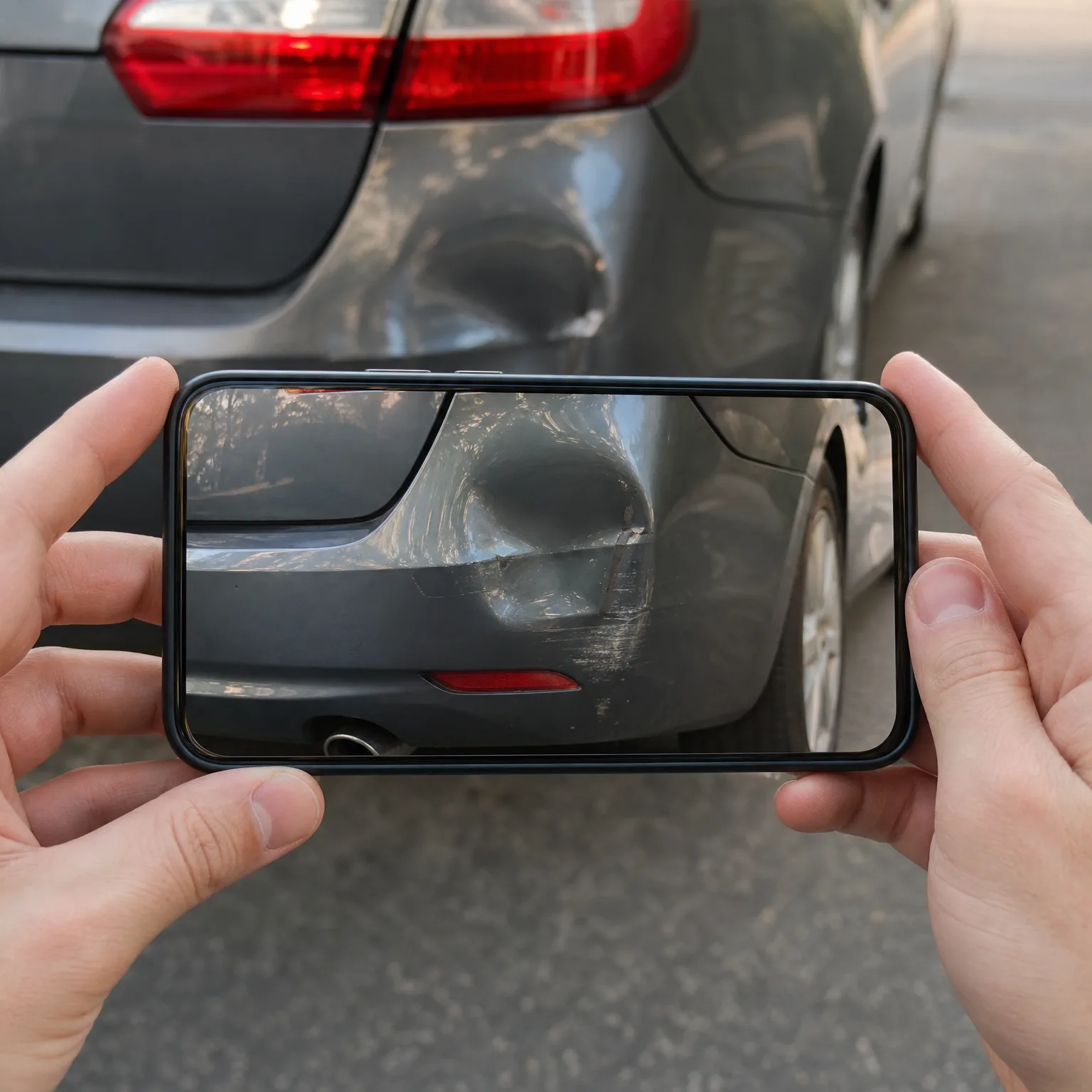 Two hands hold a smartphone horizontally, its screen showing a close-up of a dented and scratched rear panel of a dark gray car, with the same damaged car visible behind.