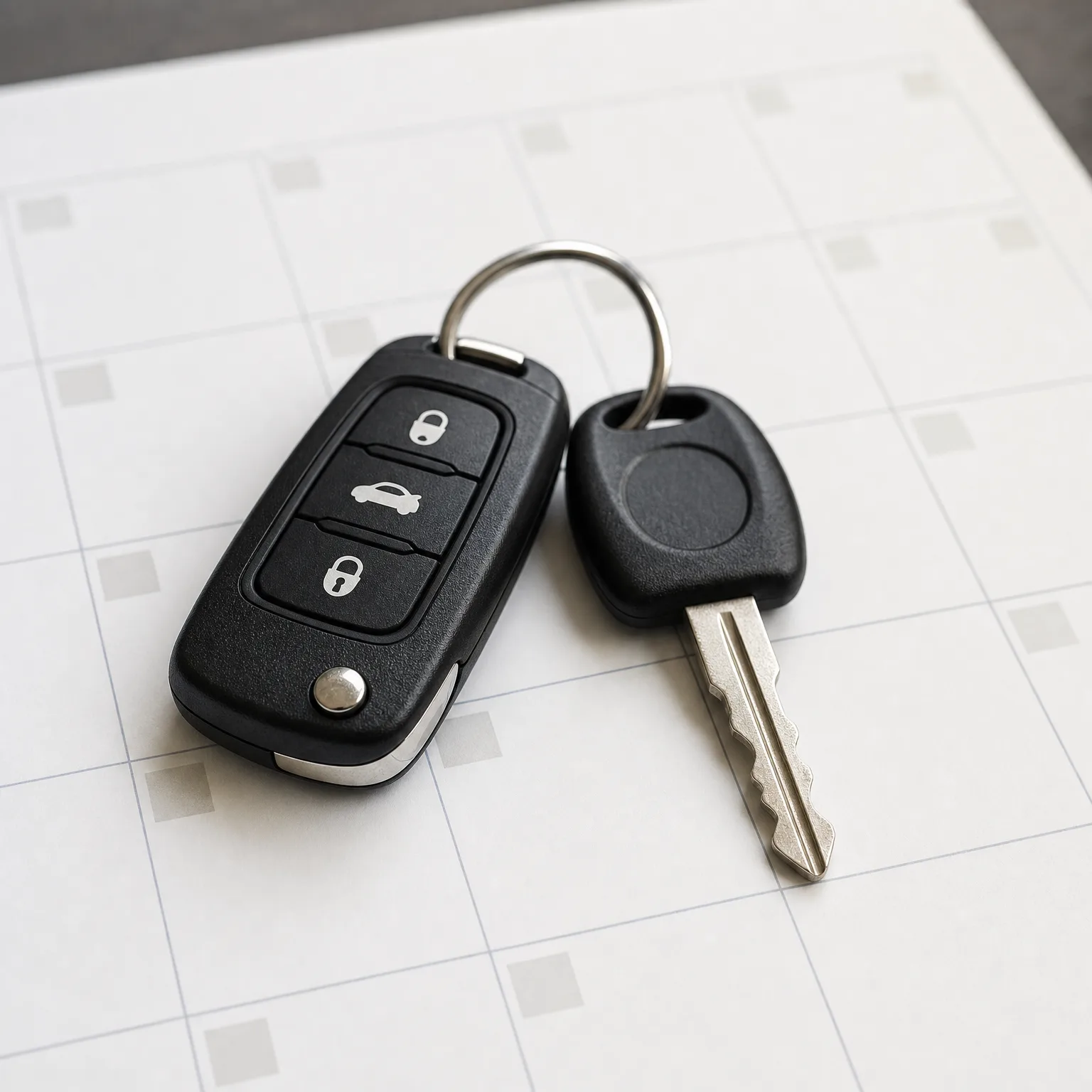 A black flip-style car remote with three buttons and a black-headed metal key joined on a split ring, resting on a white grid-patterned surface.