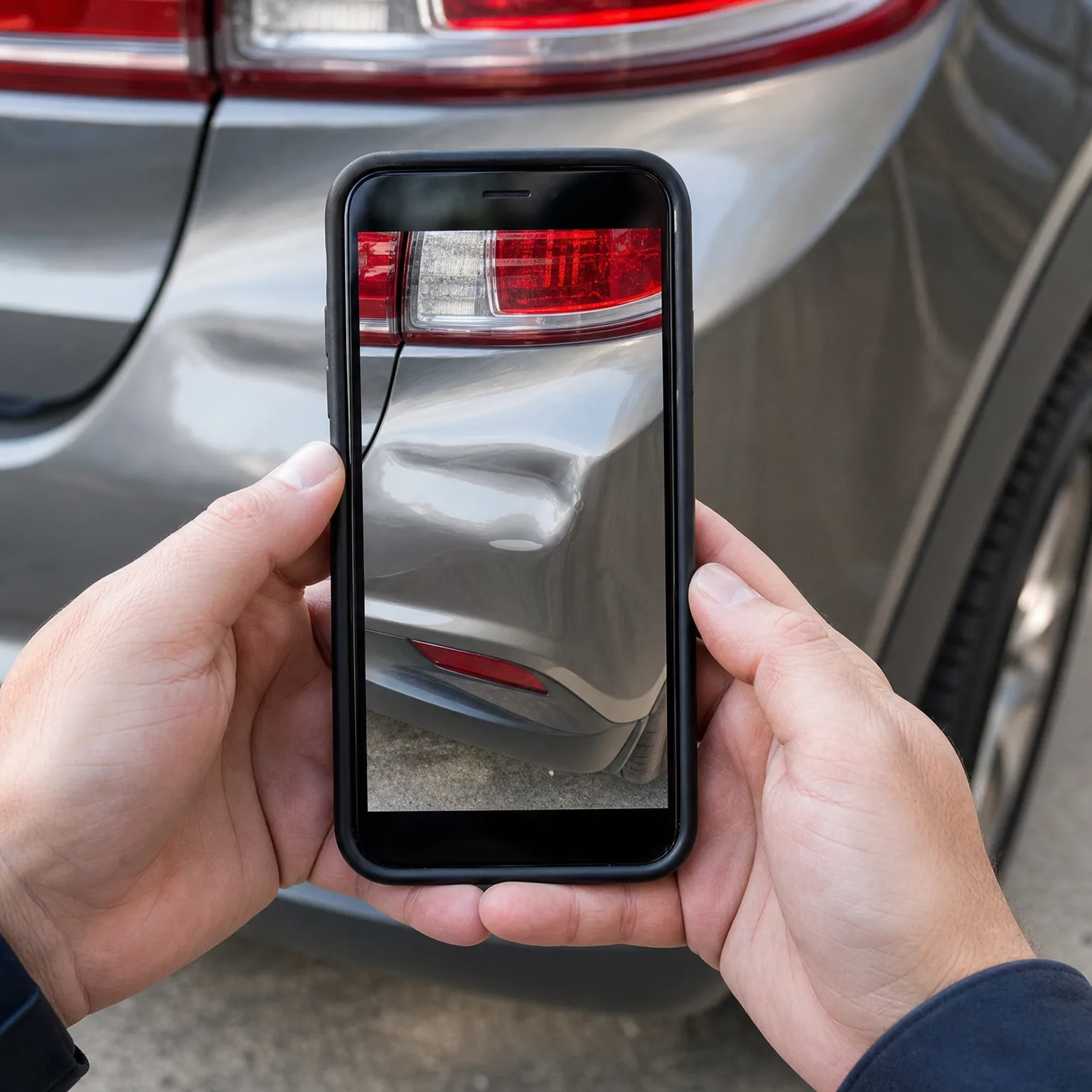 Two hands hold a black-cased smartphone photographing the dented rear quarter panel of a silver car near its tail light.