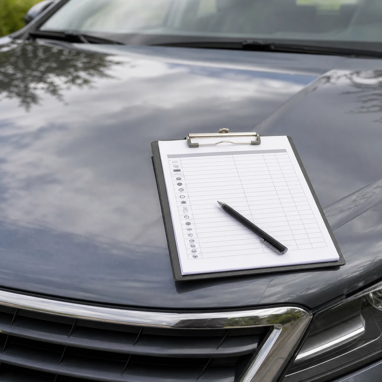 A clipboard holding a blank ruled checklist form with a black pen resting on it, placed on the hood of a dark gray car with green foliage reflected in the paint.
