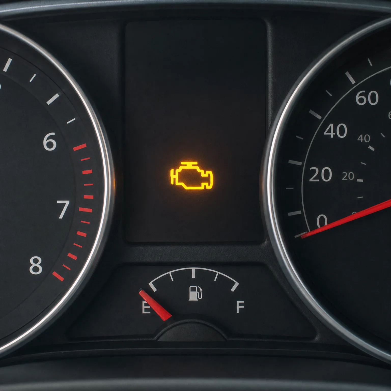 Close-up of a car instrument cluster showing an illuminated amber engine warning symbol between a tachometer and speedometer, with the fuel gauge needle near empty.