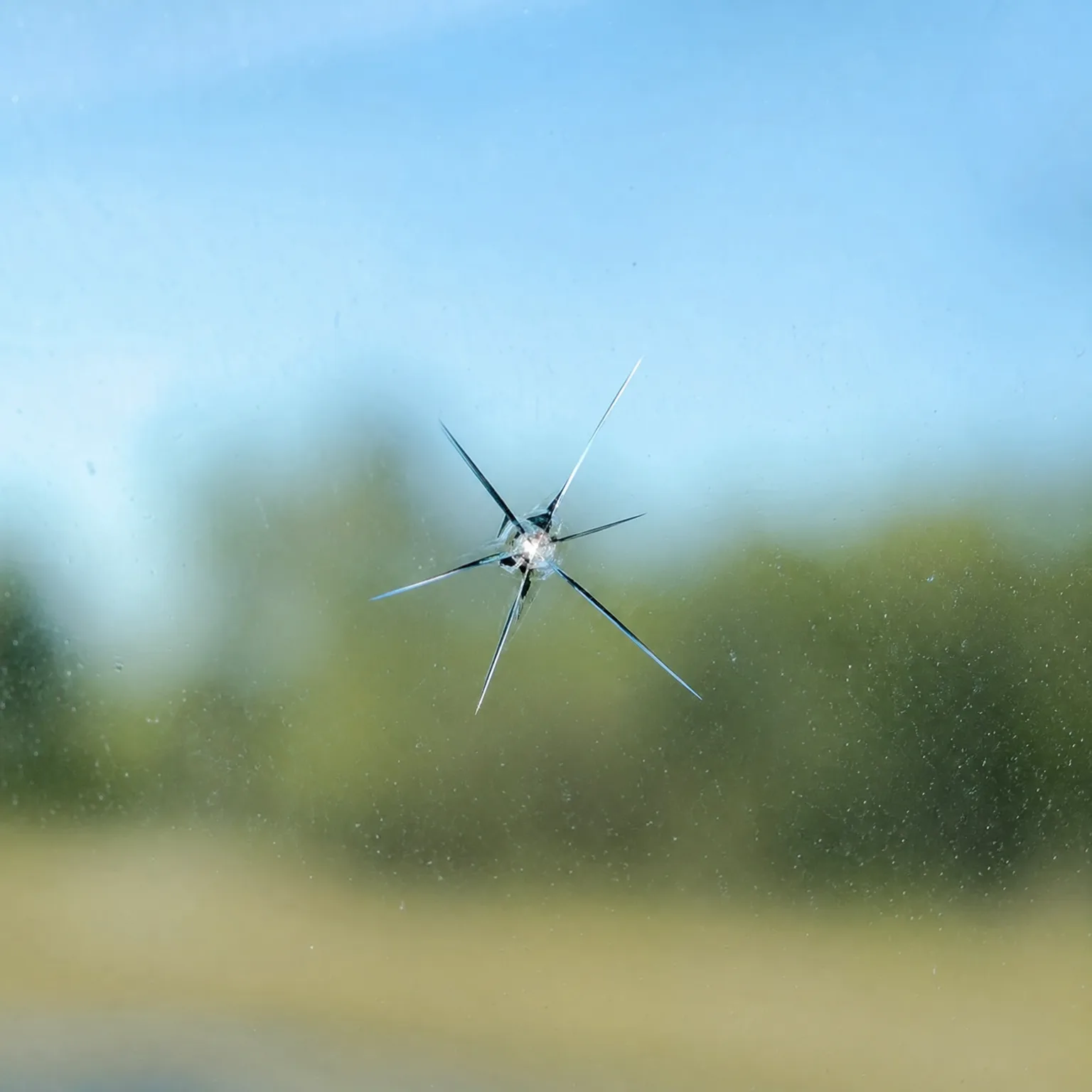 A star-shaped chip with radiating cracks in a vehicle windshield, with blurred green vegetation and blue sky behind.