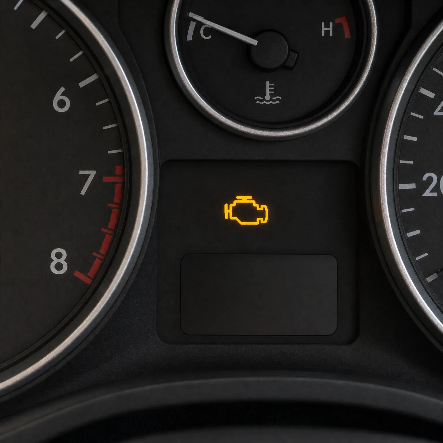 Close-up of a car instrument cluster showing an illuminated amber engine-shaped warning light between a tachometer, a coolant temperature gauge, and a speedometer.