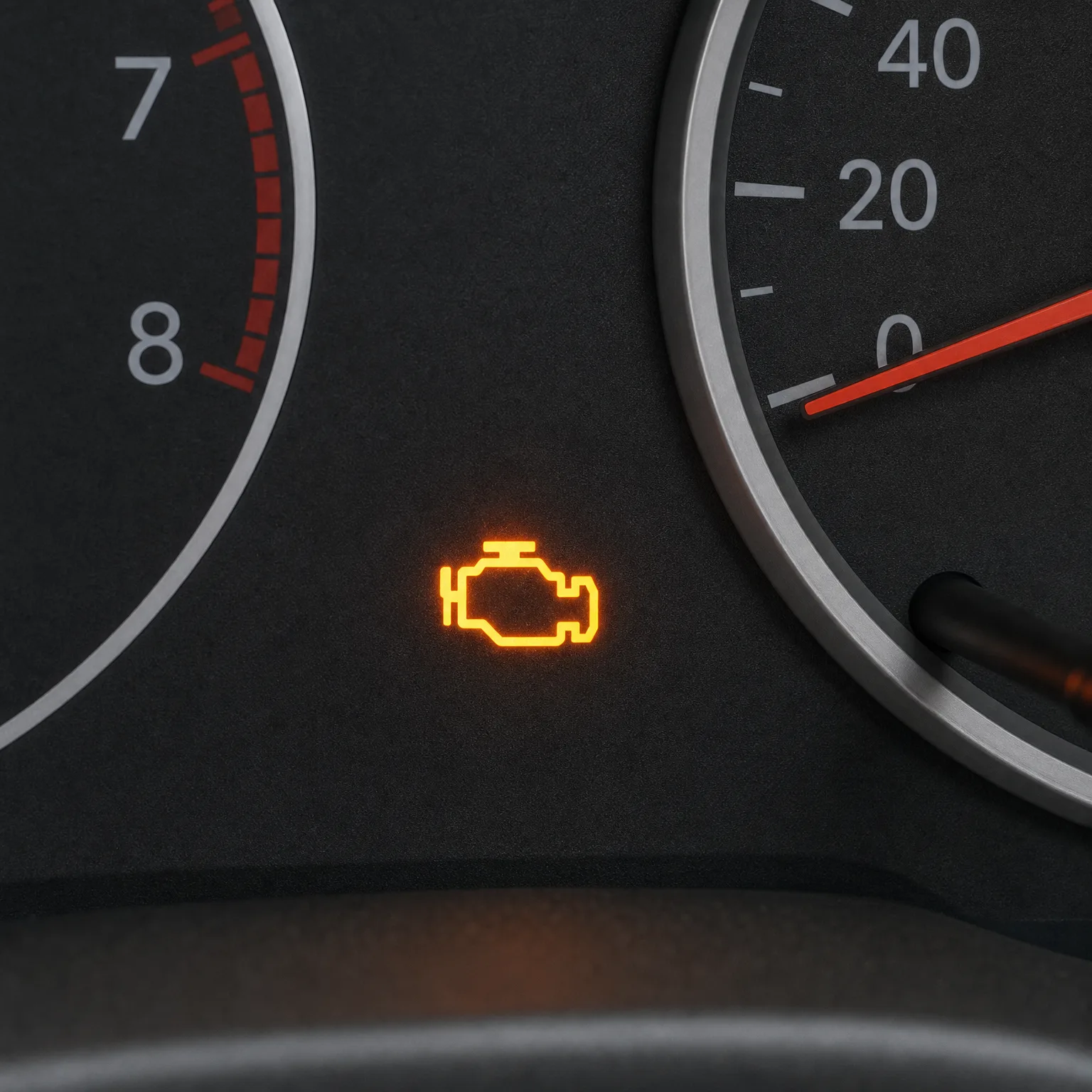Close-up of a dark instrument cluster showing an illuminated orange engine-shaped warning symbol between a tachometer marked 7 and 8 and a gauge marked 0, 20 and 40 with a red needle.