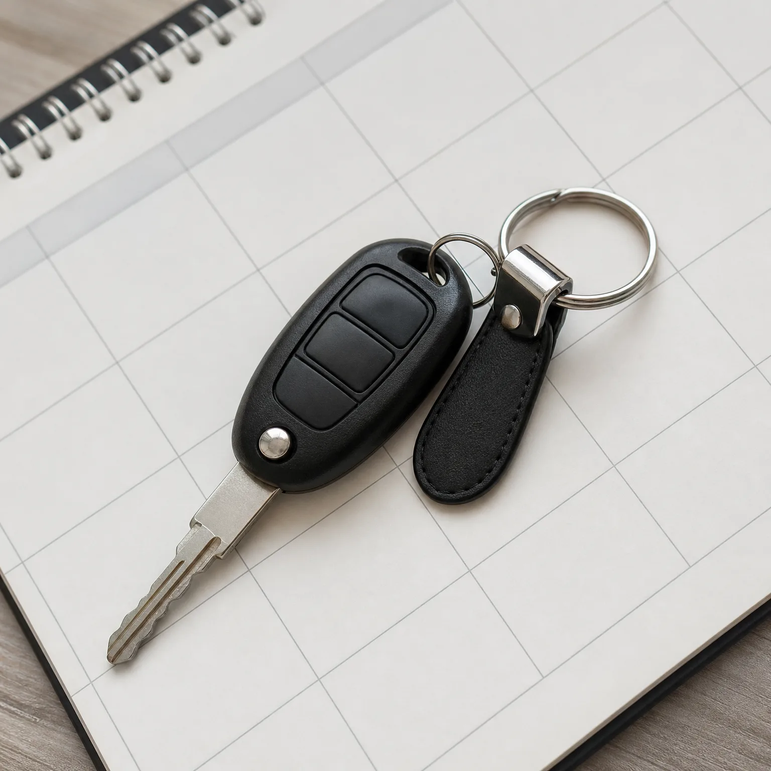 A black car key with three buttons and a leather keychain fob on a split ring, resting on an open grid-lined spiral notebook on a wooden surface.