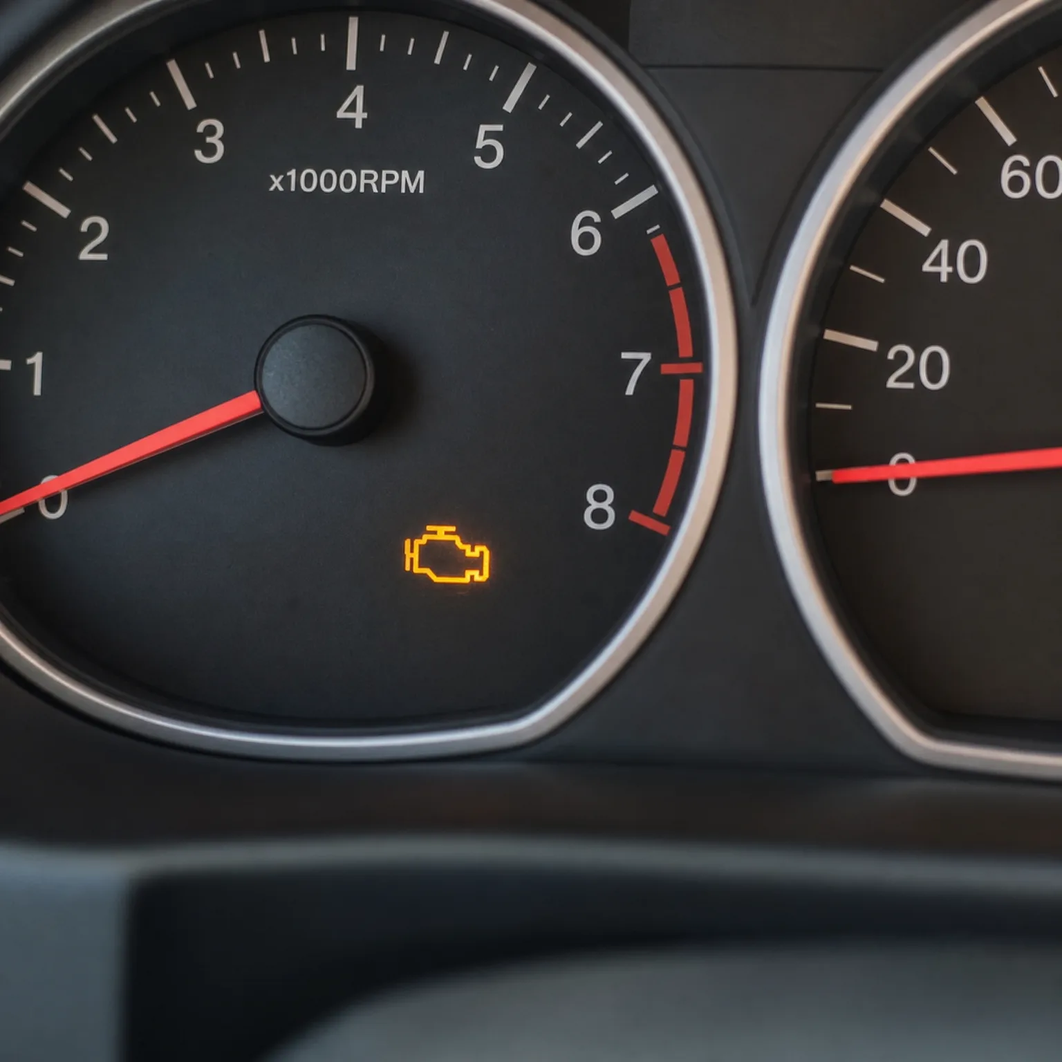 Close-up of a car instrument cluster showing a tachometer marked x1000RPM with the needle at zero and an illuminated amber engine-shaped warning light, with part of an adjacent gauge at right.