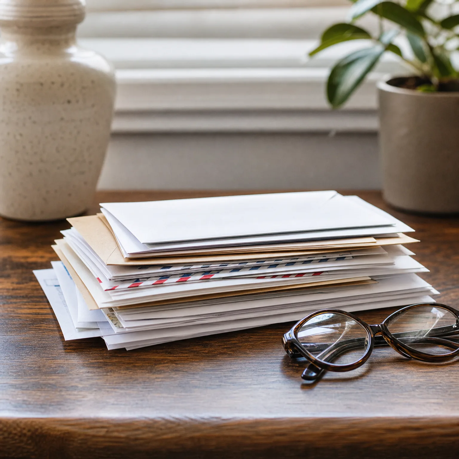 A stack of unopened envelopes, including airmail-striped ones, sits on a dark wooden table beside tortoiseshell eyeglasses, with a ceramic vase and potted plant blurred in the background.