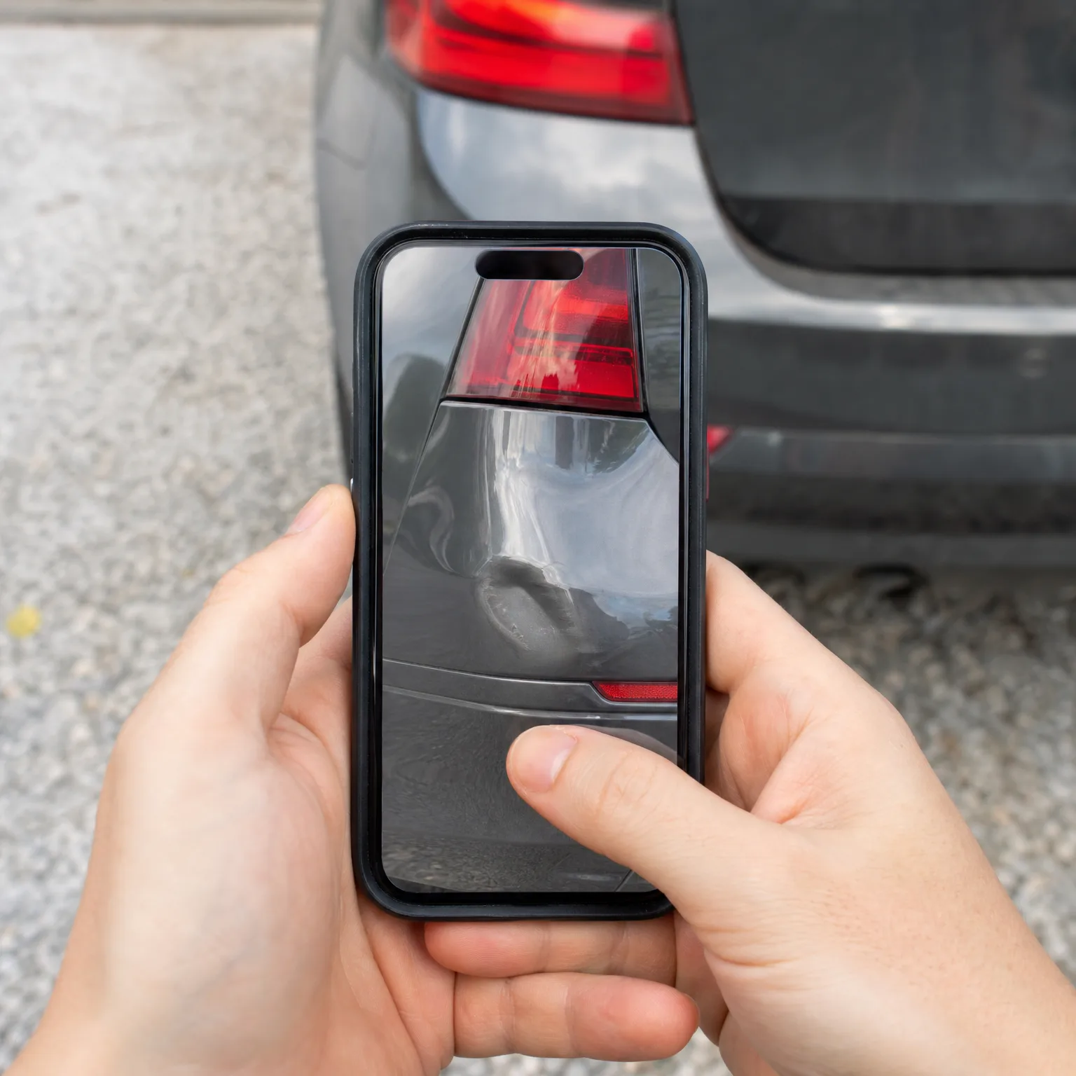 Two hands hold a smartphone that displays a close-up of a dark car's rear bumper and taillight, with the actual car blurred in the background.