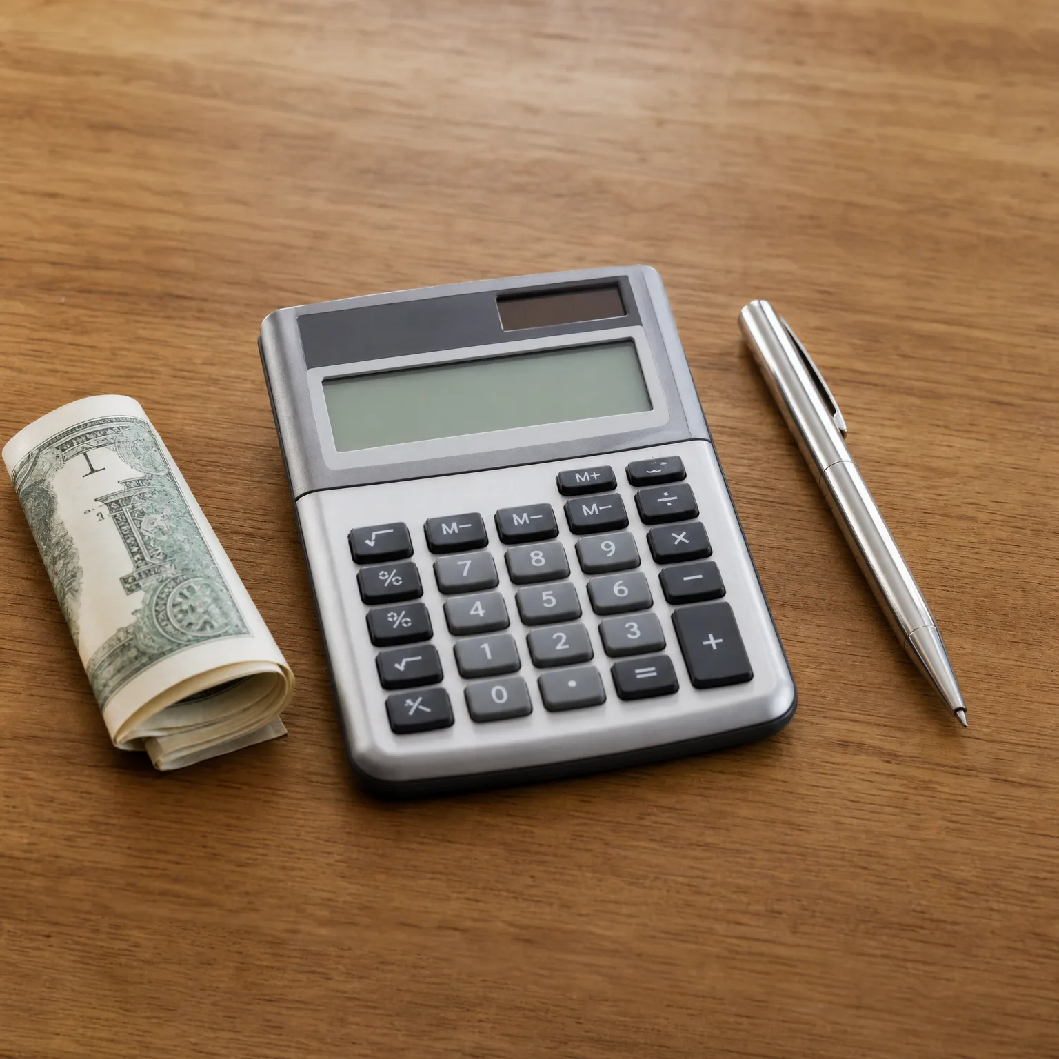 A silver desktop calculator with a blank display sits on a wooden surface between a rolled-up banknote on the left and a metal ballpoint pen on the right.