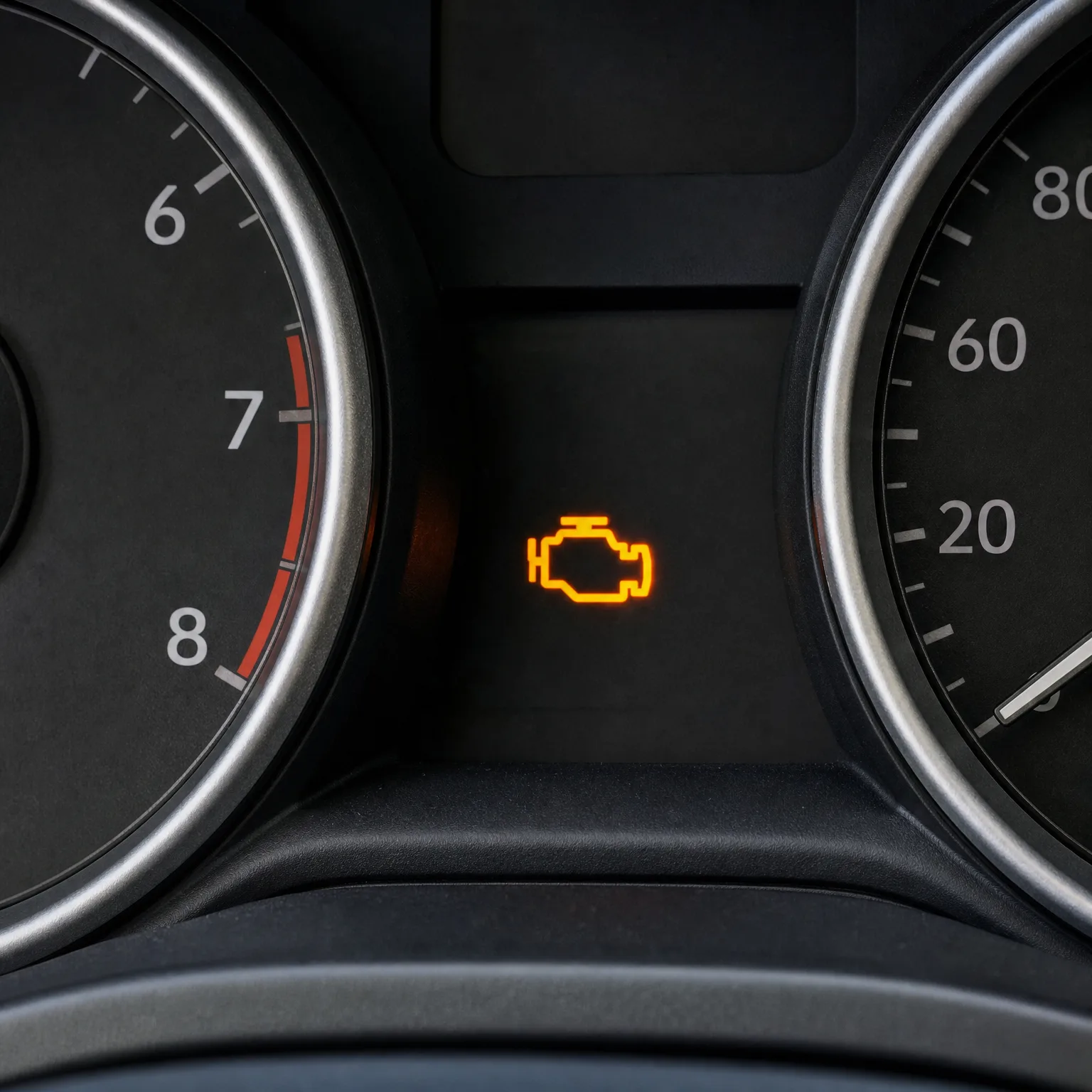 Close-up of a car instrument cluster showing an illuminated amber engine-shaped warning light between a tachometer marked 6, 7, 8 with a red zone and a speedometer marked 20, 60, 80.