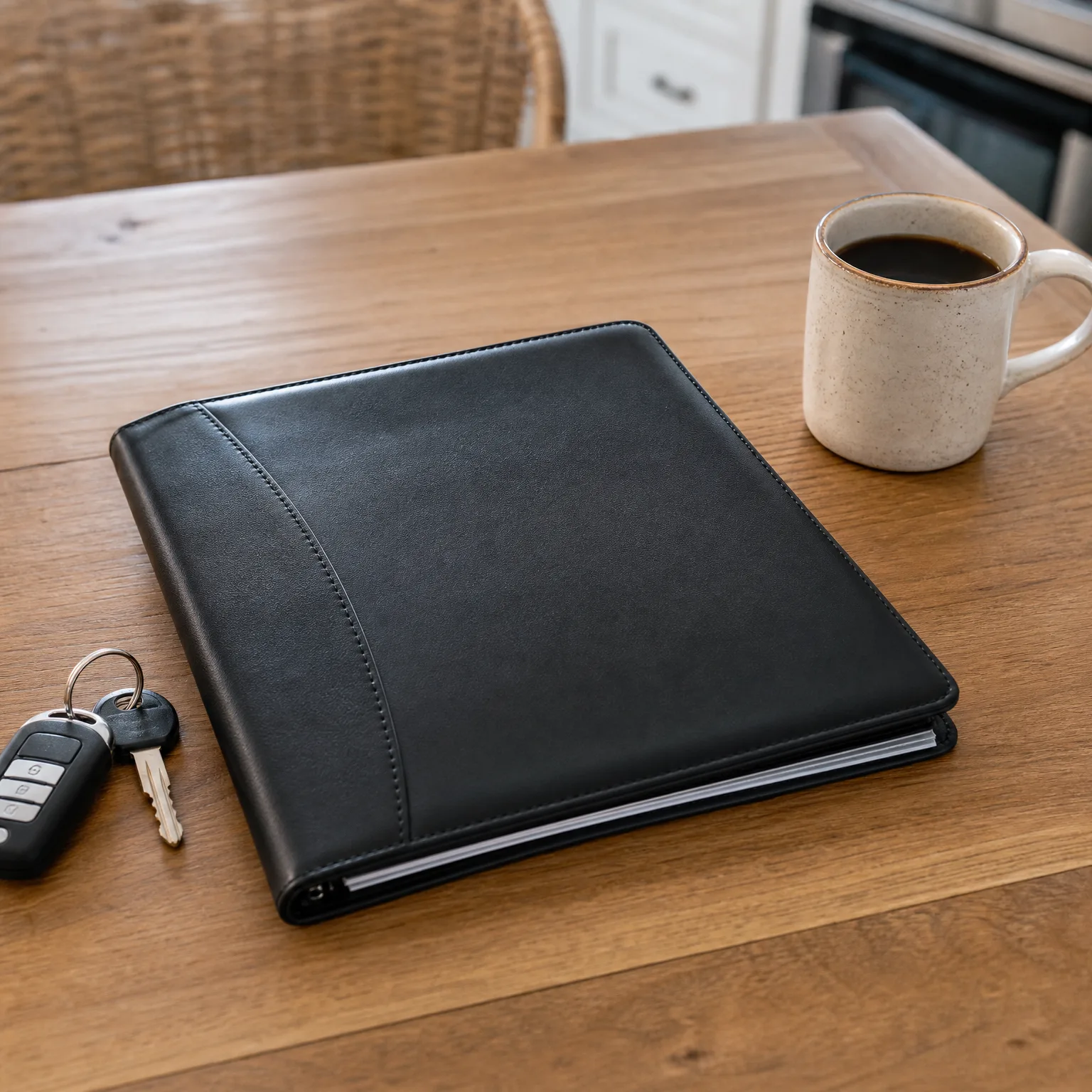 A black leather portfolio folder lies closed on a wooden table beside a set of car keys with a remote fob and a speckled ceramic mug of black coffee.