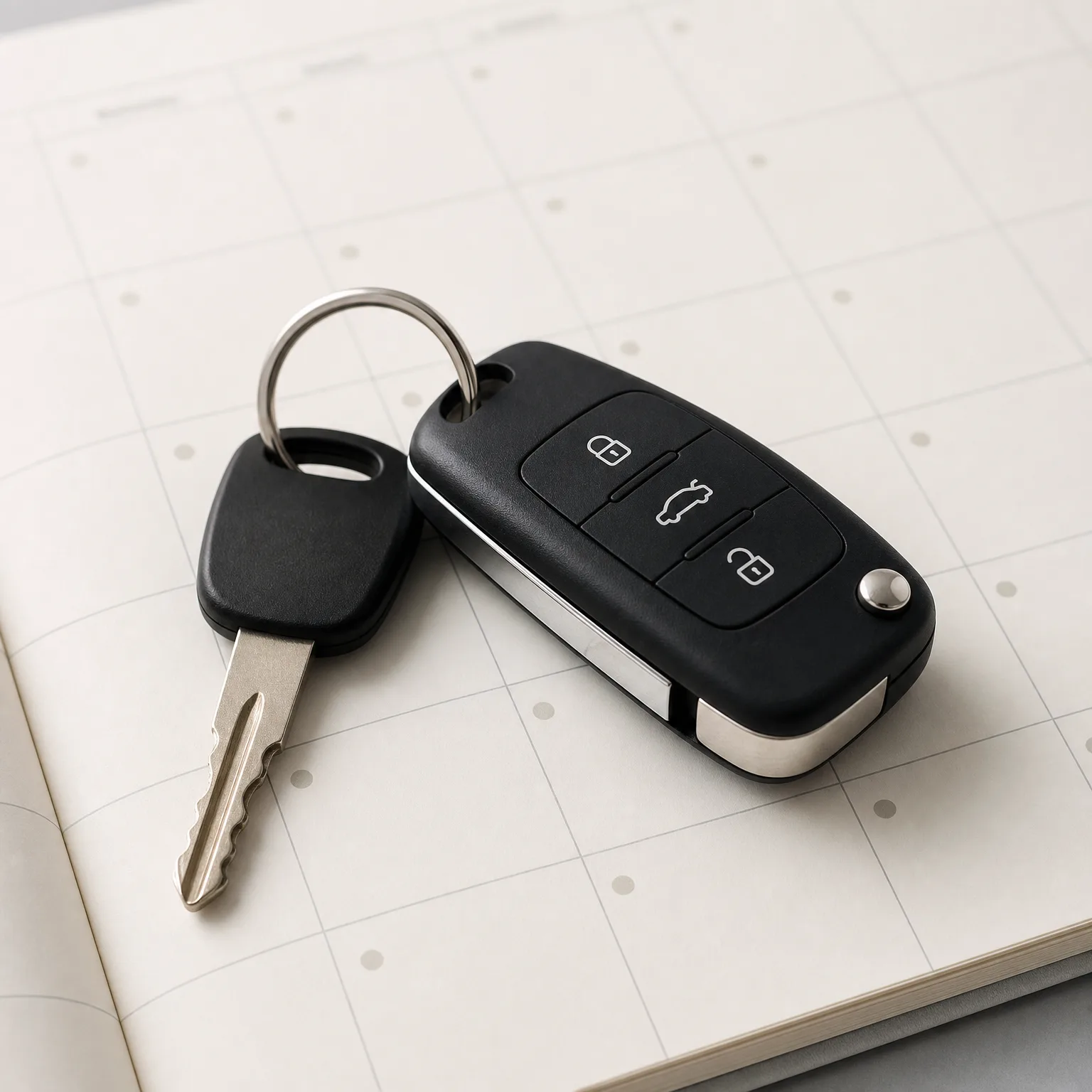 A black flip-style car remote key with three buttons and a separate metal key on a ring, resting on an open grid-ruled notebook.