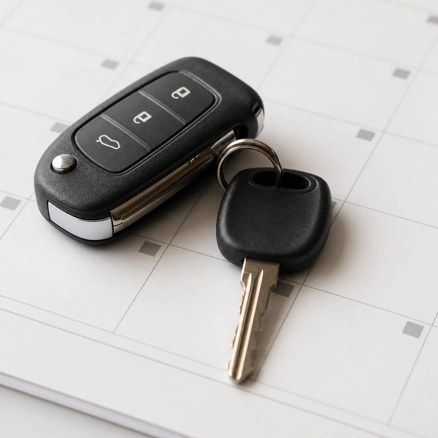 A black three-button flip car key fob and a second black-headed key on a split ring, resting on a white grid-lined calendar page.