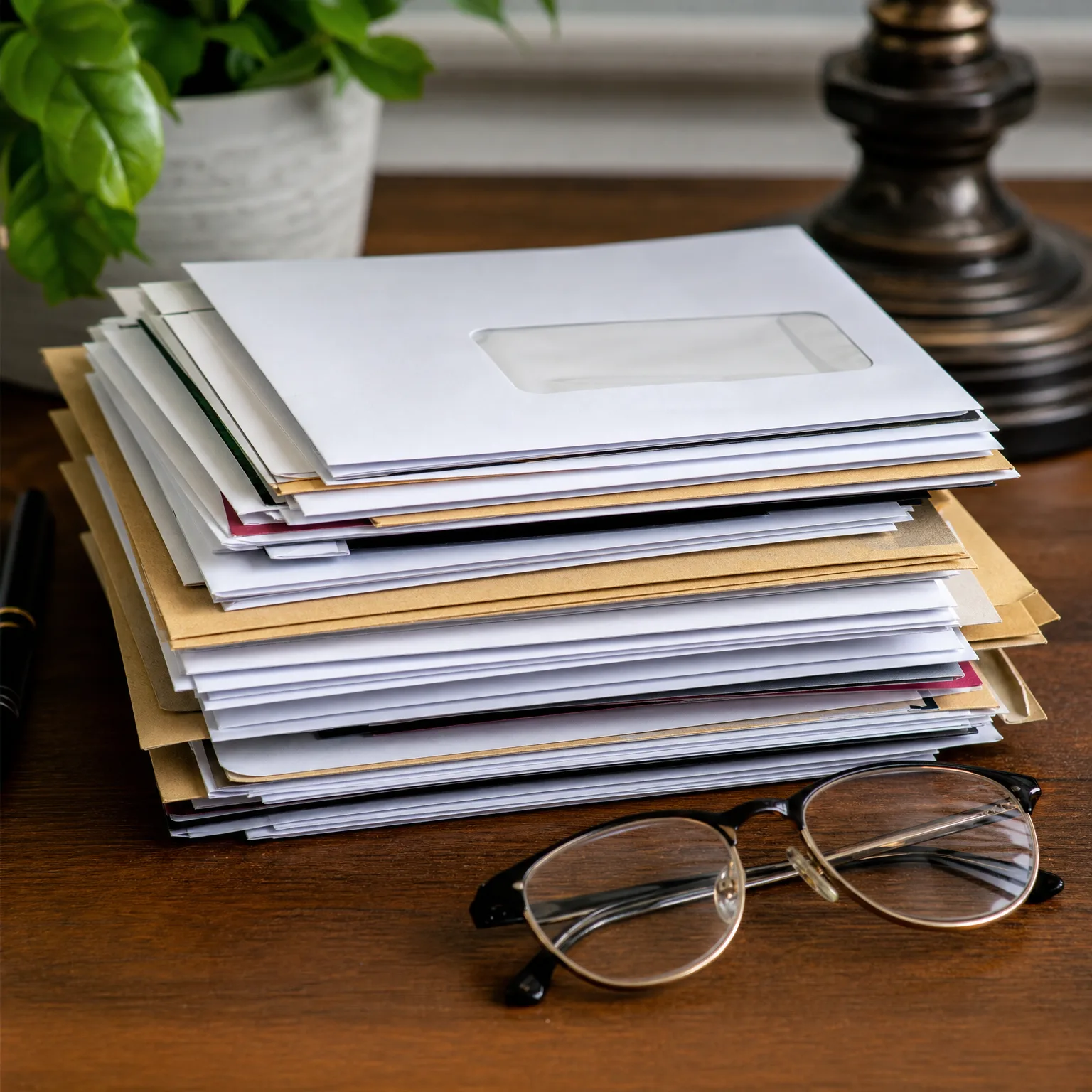 A stack of white and manila envelopes and papers on a dark wood table, with eyeglasses in front, a pen at left, and a potted green plant and lamp base blurred behind.