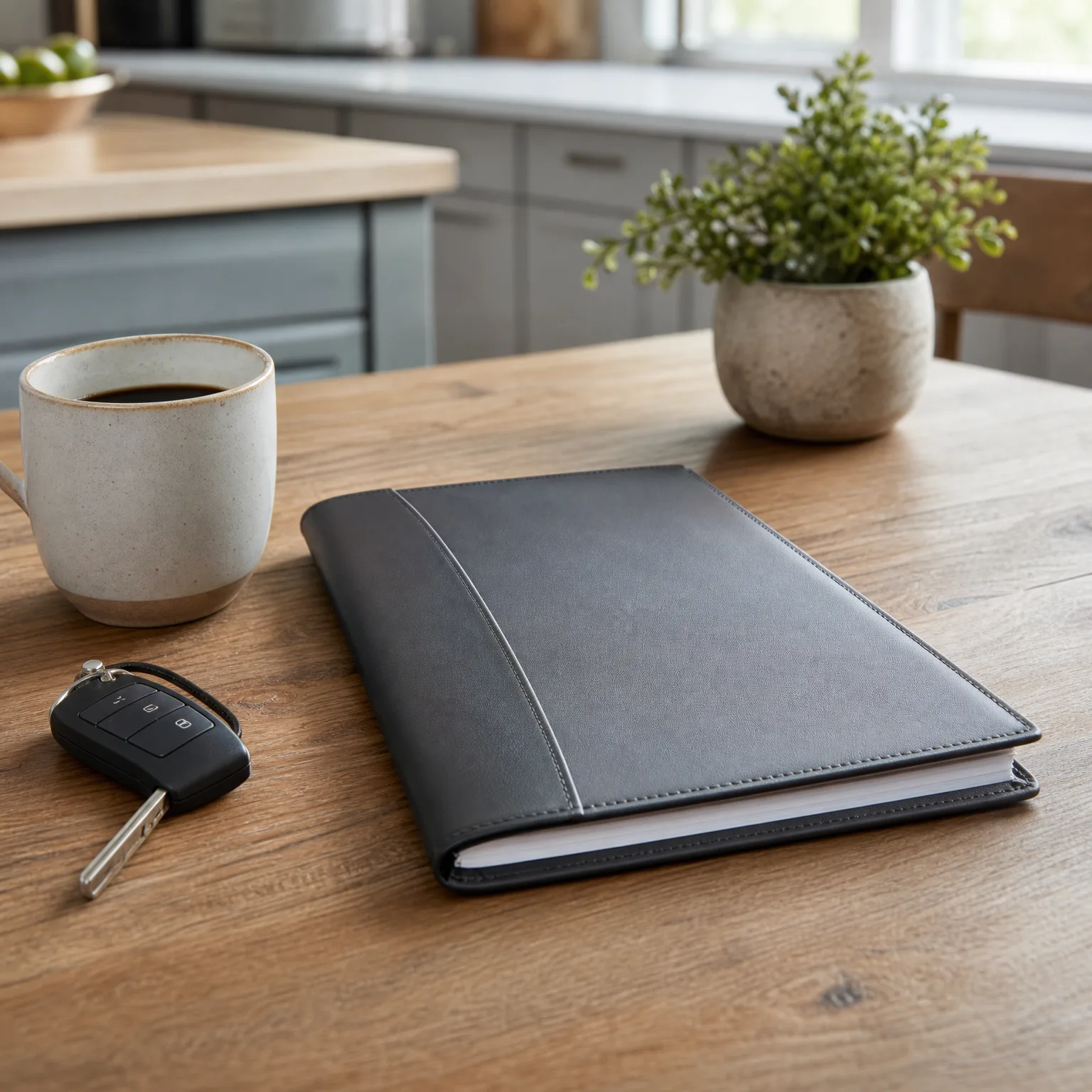 A dark gray leather-covered folder or notebook lies closed on a wooden table beside a white ceramic mug of coffee, a black car key fob with a key, and a potted green plant, with kitchen cabinets and a window blurred in the background.
