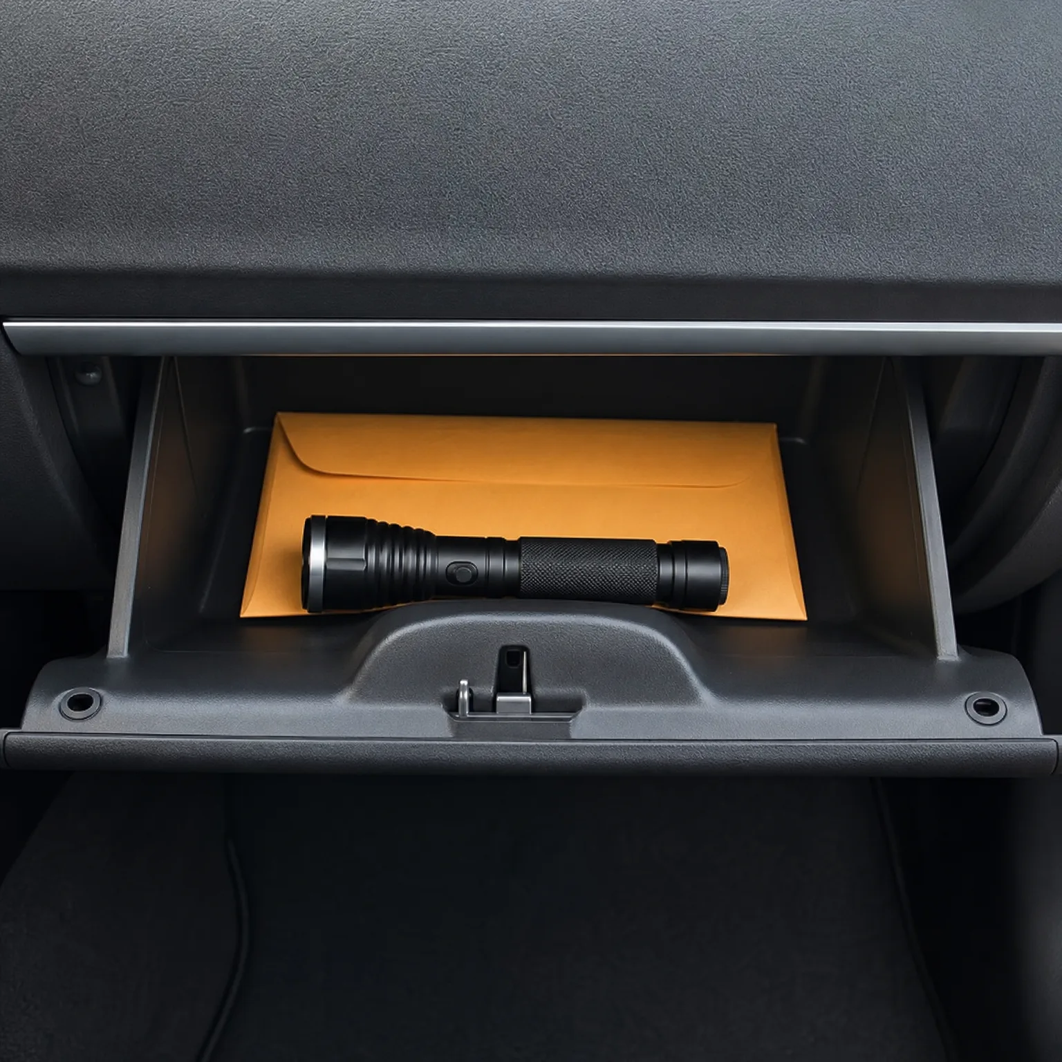 An open car glove compartment containing a black flashlight resting on a large orange envelope.