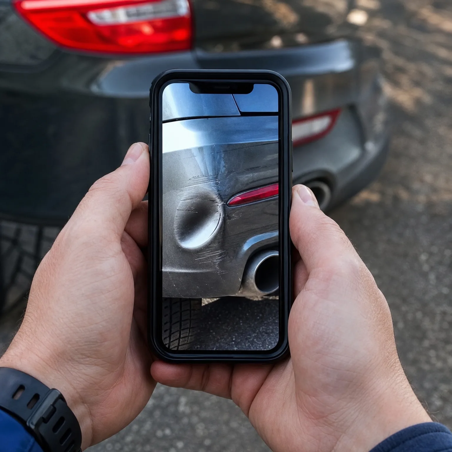 Two hands hold a smartphone photographing a dented and scratched rear bumper of a dark car parked on asphalt, with the damage shown on the phone screen.