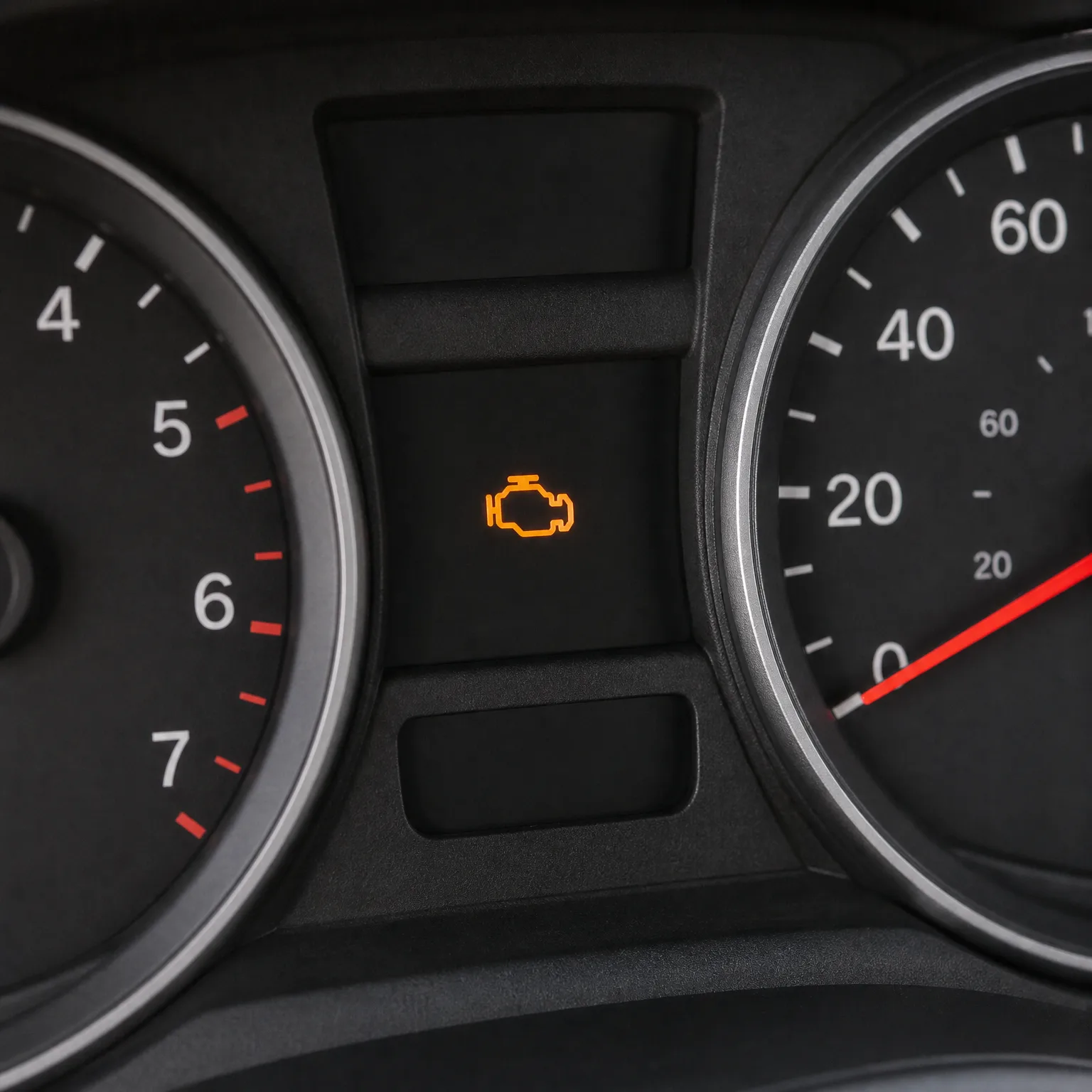 Close-up of a car instrument cluster showing a tachometer on the left, a speedometer with a red needle on the right, and an illuminated orange engine-shaped warning light between them.