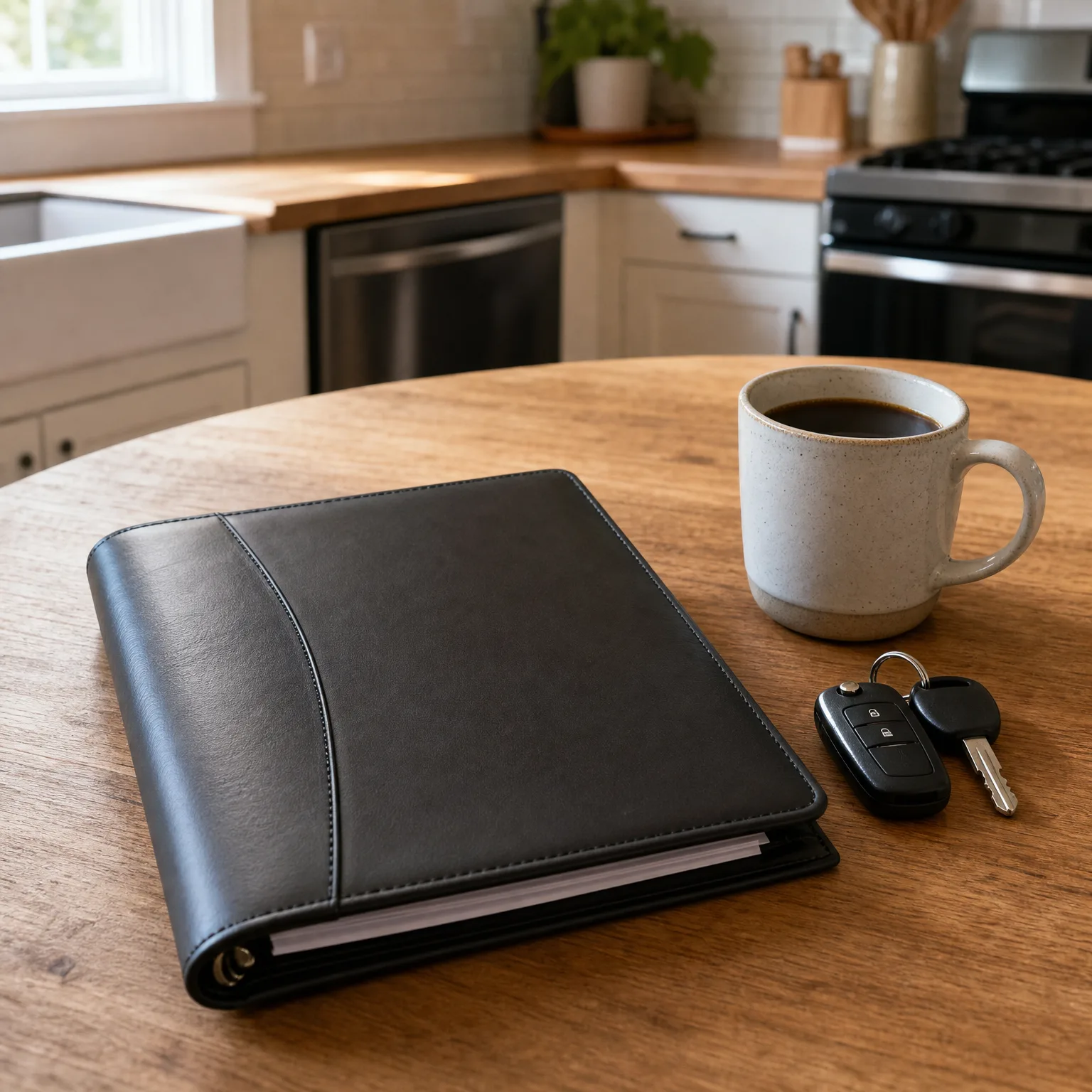 A black leather binder, a speckled ceramic mug of dark coffee, and a car key fob with keys rest on a round wooden table in a kitchen with white cabinets and a stove in the background.