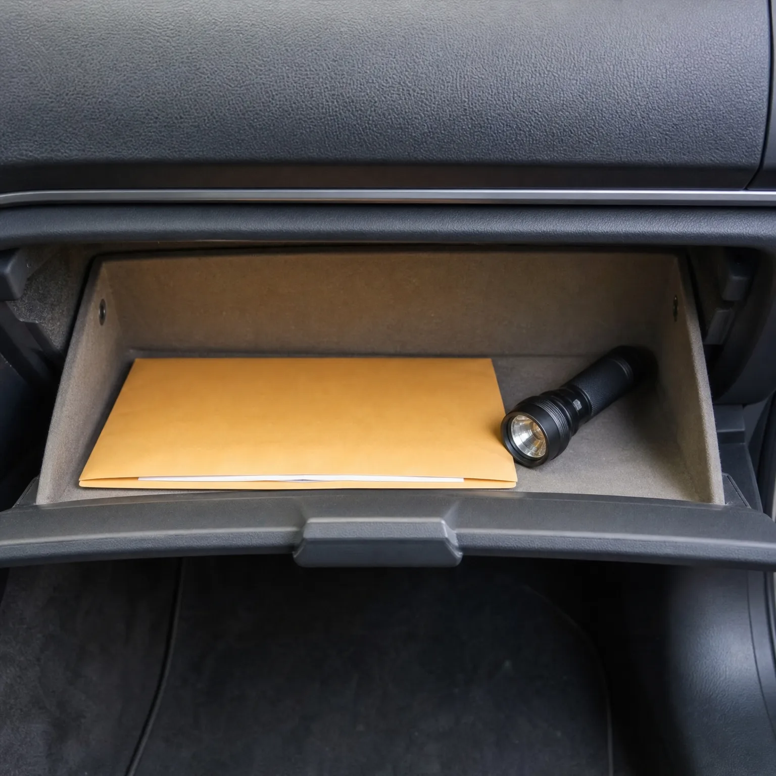 An open car glove compartment containing a manila envelope and a black flashlight, with dark dashboard trim and floor carpet below.