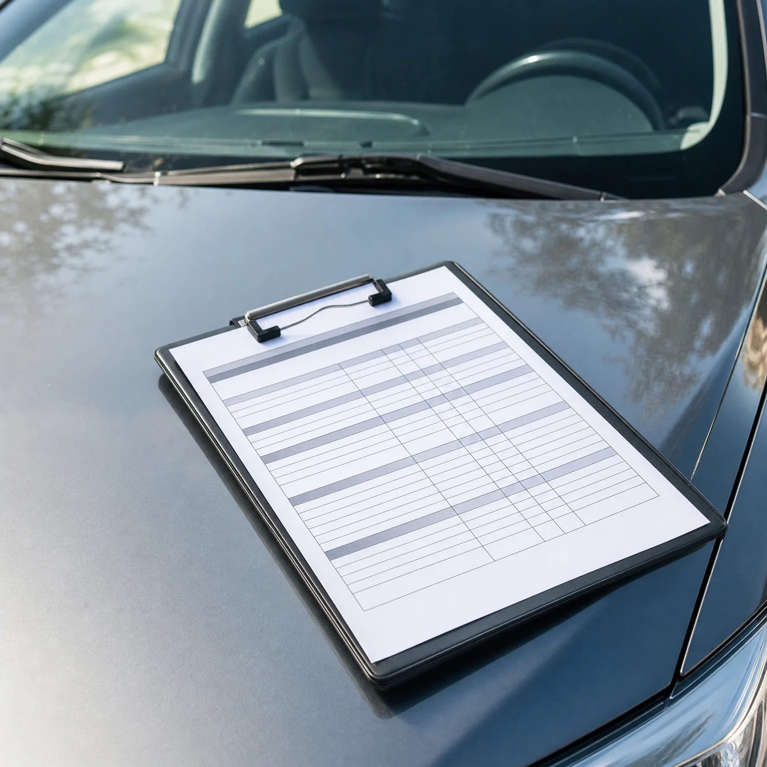 A black clipboard holding a blank lined and gridded form rests on the hood of a dark gray car near the windshield and wipers.