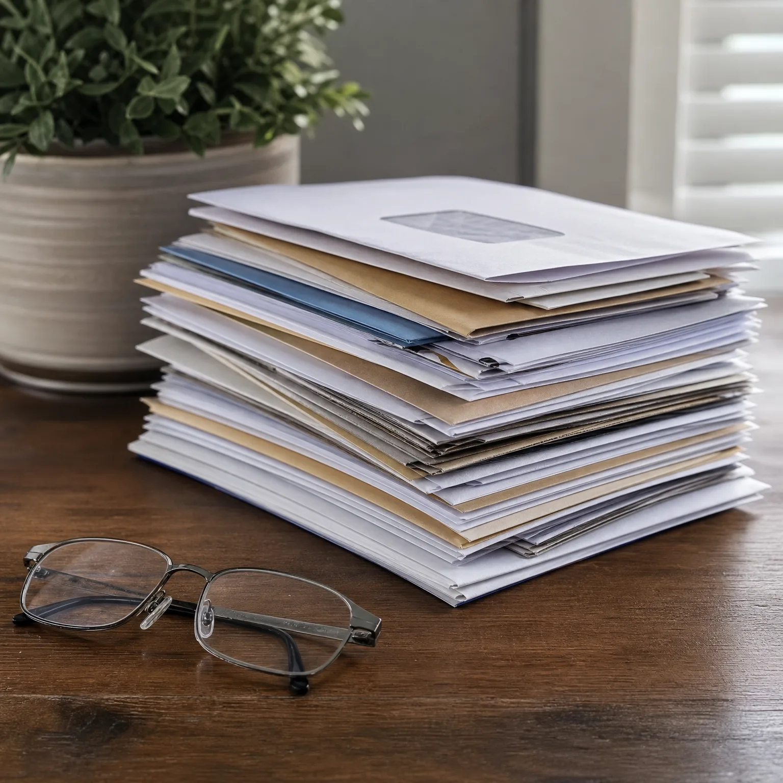 A stack of white, blue, and brown envelopes and papers on a dark wood table, with metal-framed eyeglasses in front and a potted plant behind.