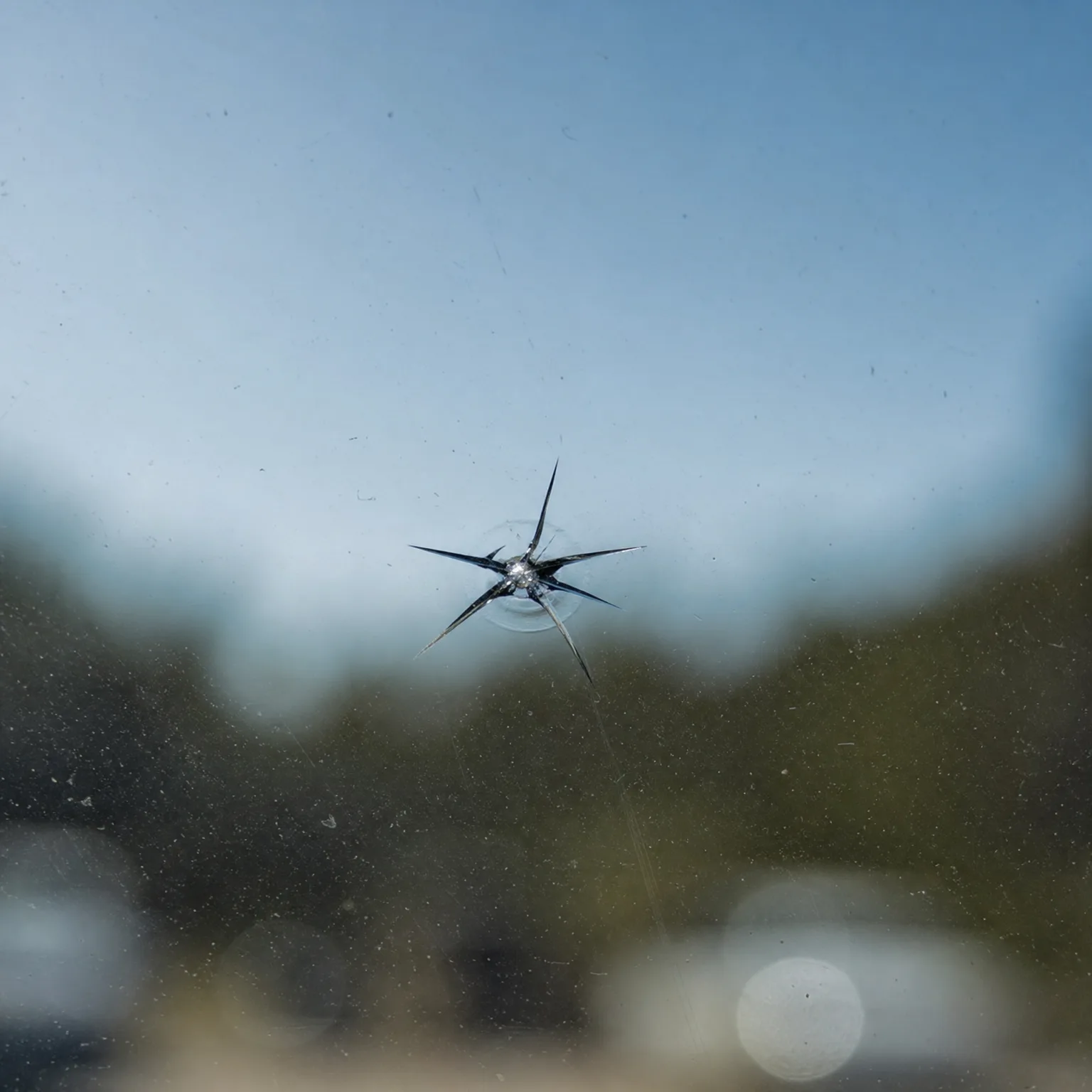 A star-shaped chip crack in a dusty vehicle windshield, with blurred trees, sky, and parked cars visible beyond the glass.