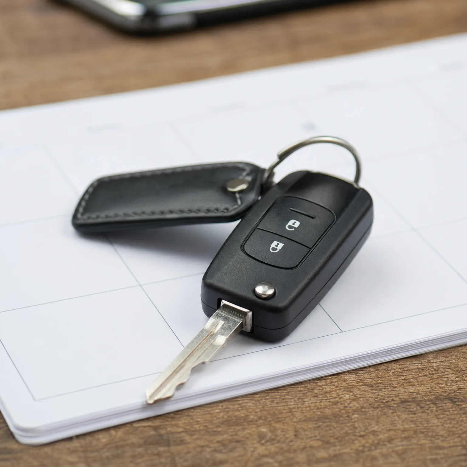 A black two-button flip car key with a leather fob on a key ring, resting on an open blank calendar page atop a wooden table.