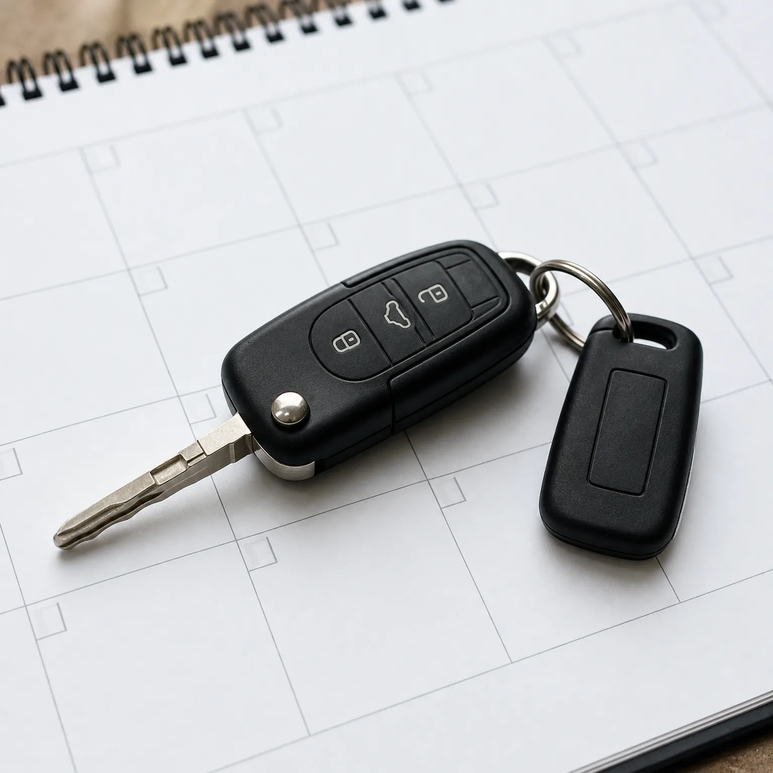 A black flip-style car key with three buttons and a plain black fob on a split ring, resting on an open spiral-bound calendar page with faint grid lines.
