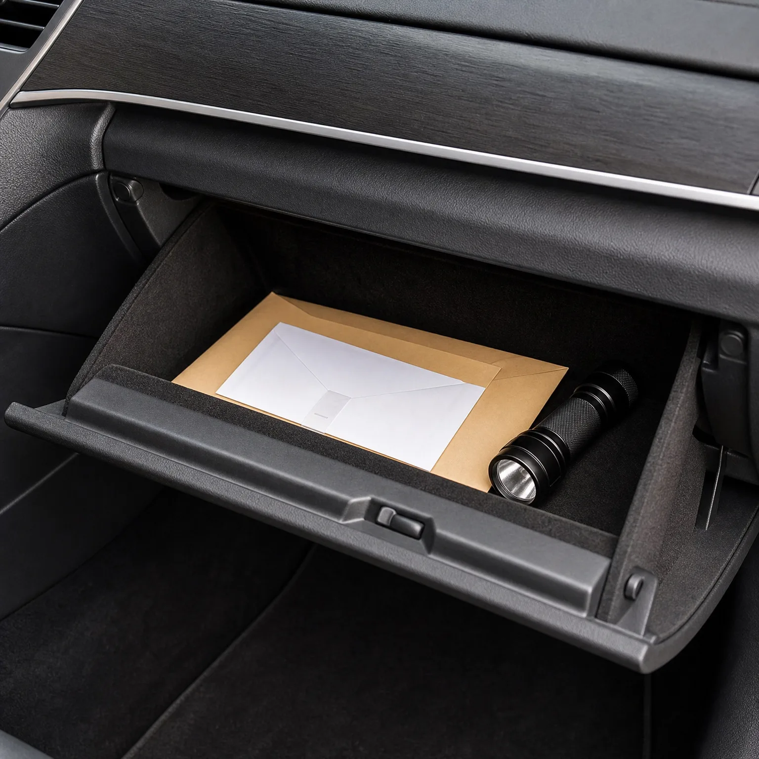 An open car glove compartment containing a white envelope on a tan envelope or folder and a black flashlight, with dark dashboard trim above and carpeted floor below.