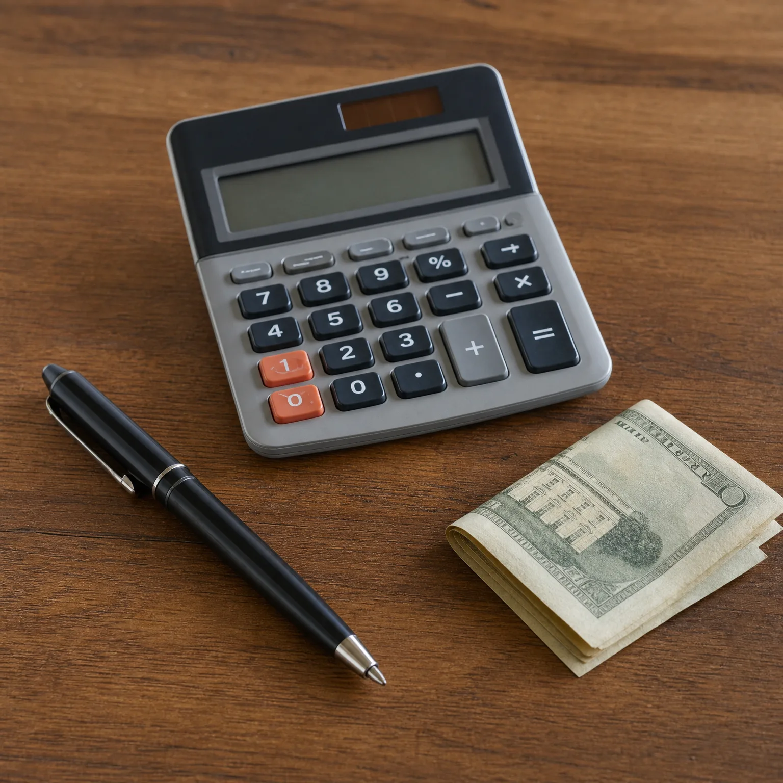 A desktop calculator, a black ballpoint pen, and a folded stack of banknotes on a dark wooden surface.