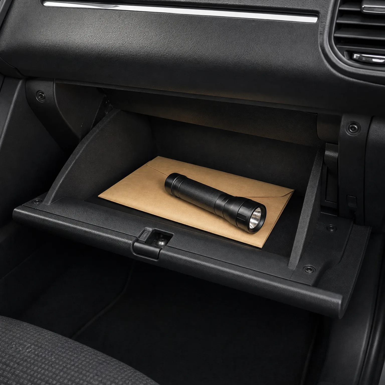 An open car glove compartment containing a black flashlight resting on a brown paper envelope.