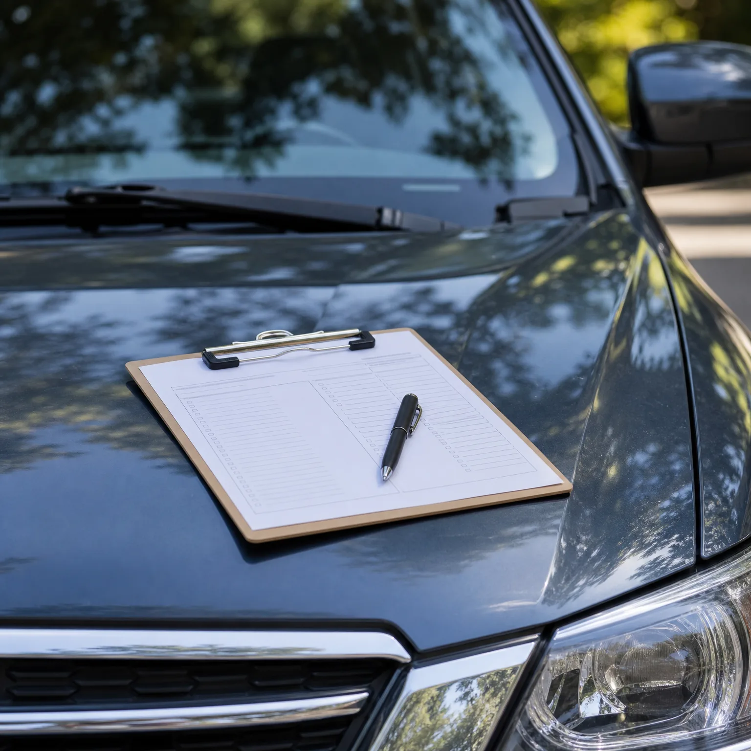 A clipboard holding a blank lined form with a black pen resting on it, placed on the hood of a dark car with trees reflected in the paint and windshield.