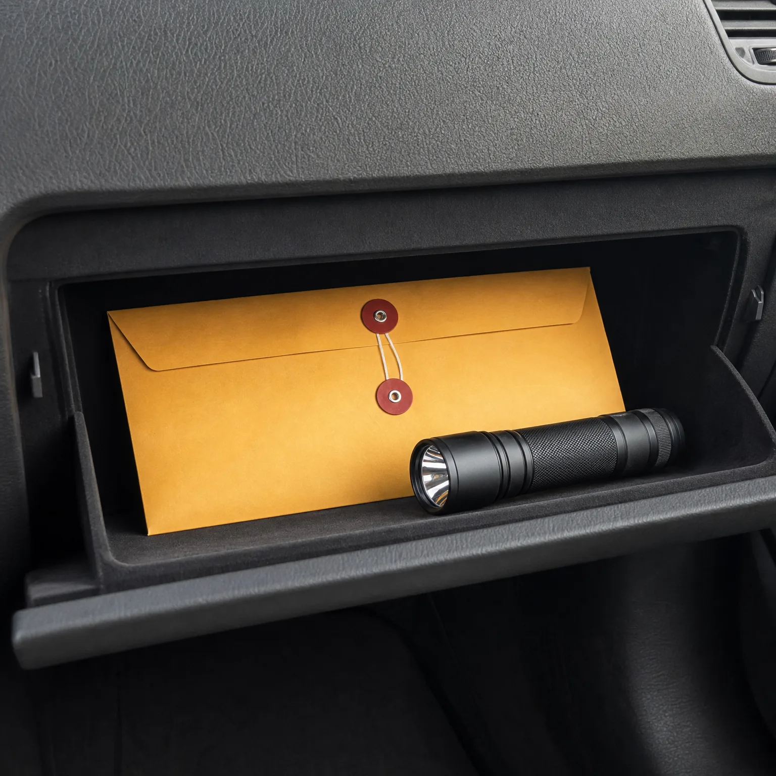 An open car glove compartment containing a yellow string-and-button envelope and a black flashlight.