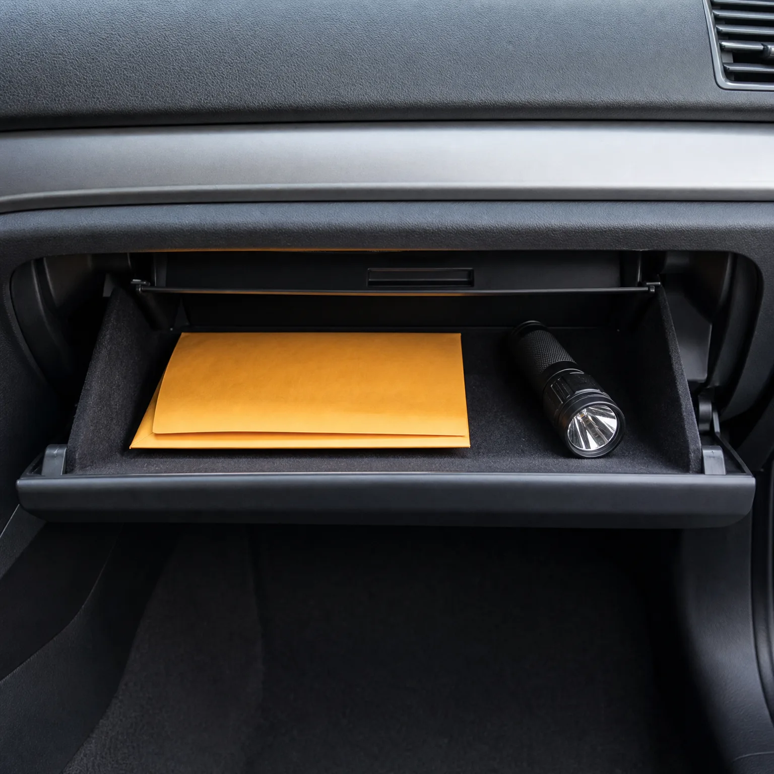An open car glove compartment containing a yellow padded envelope and a black metal flashlight.