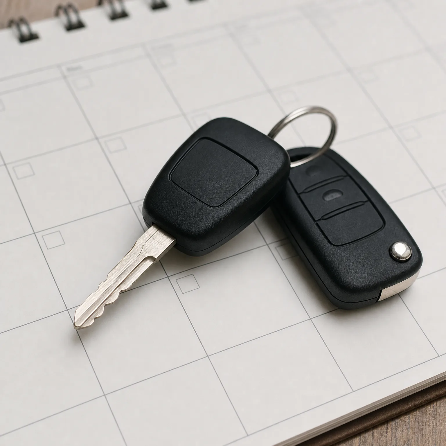 A black car key and a folding remote key fob on a split ring resting on an open spiral-bound calendar page on a wooden surface.