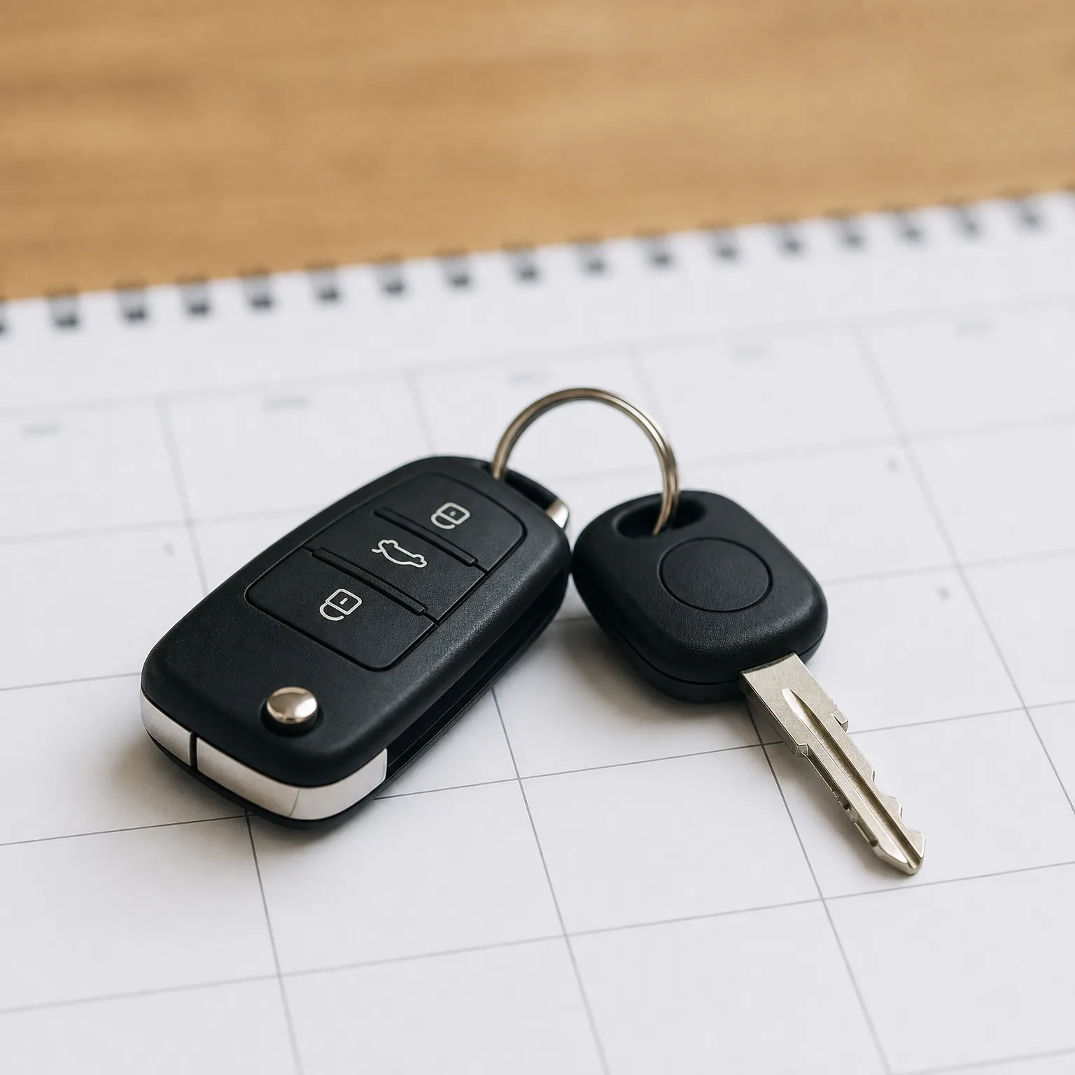 A black flip-style car remote key and a second black-headed metal key on a split ring, resting on a grid-lined spiral notebook page on a wooden surface.