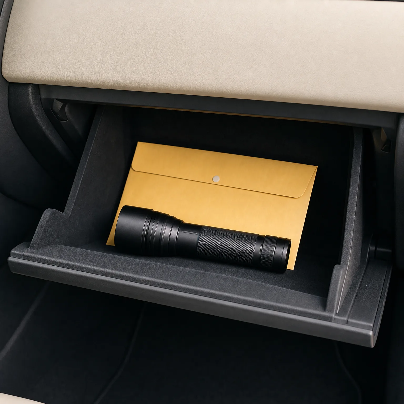 An open car glove compartment containing a black flashlight resting on a yellow envelope, with beige dashboard trim above.