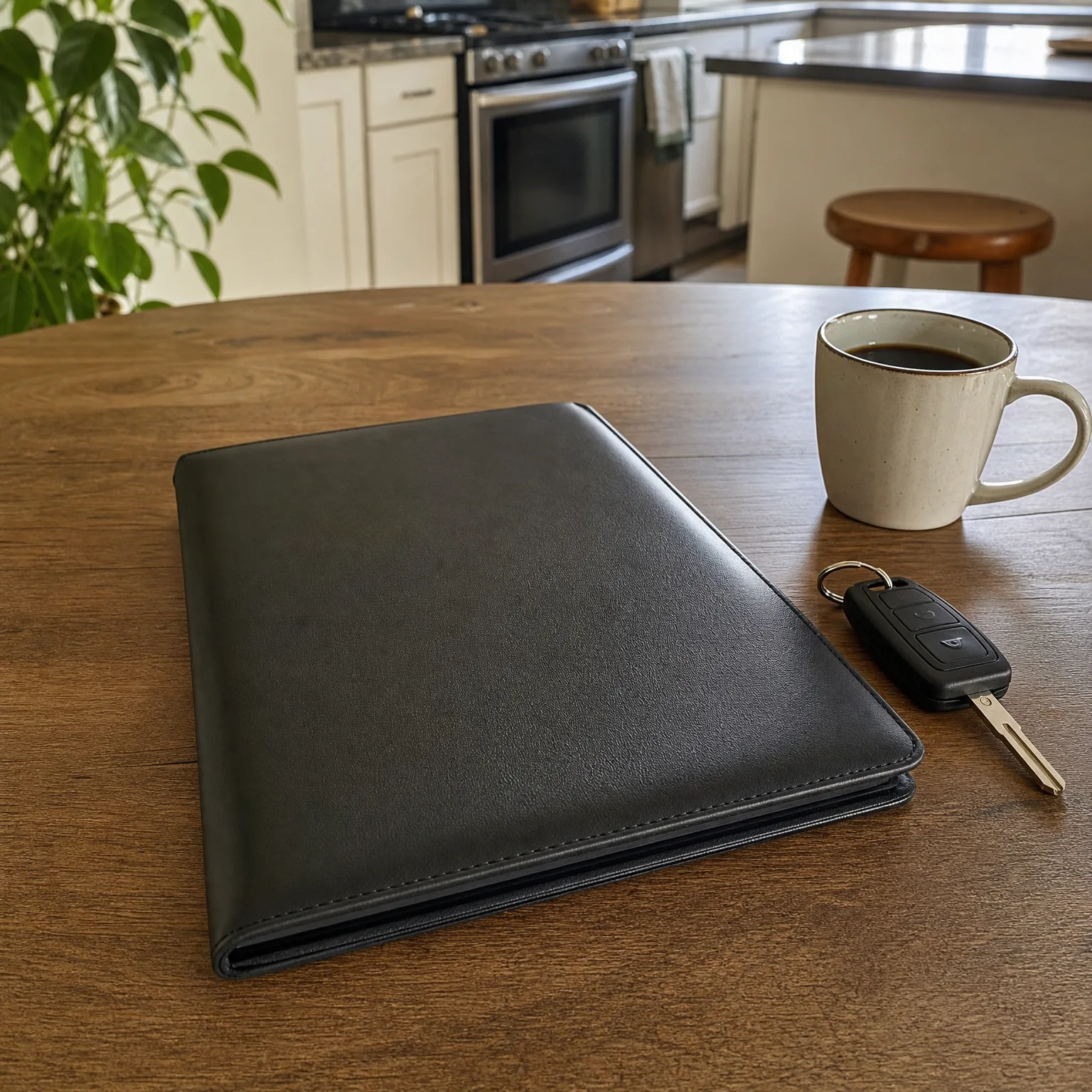A black leather folder lies on a wooden table beside a white ceramic mug of dark coffee and a car key with remote fob, with a kitchen containing a stainless steel range and a wooden stool blurred in the background.