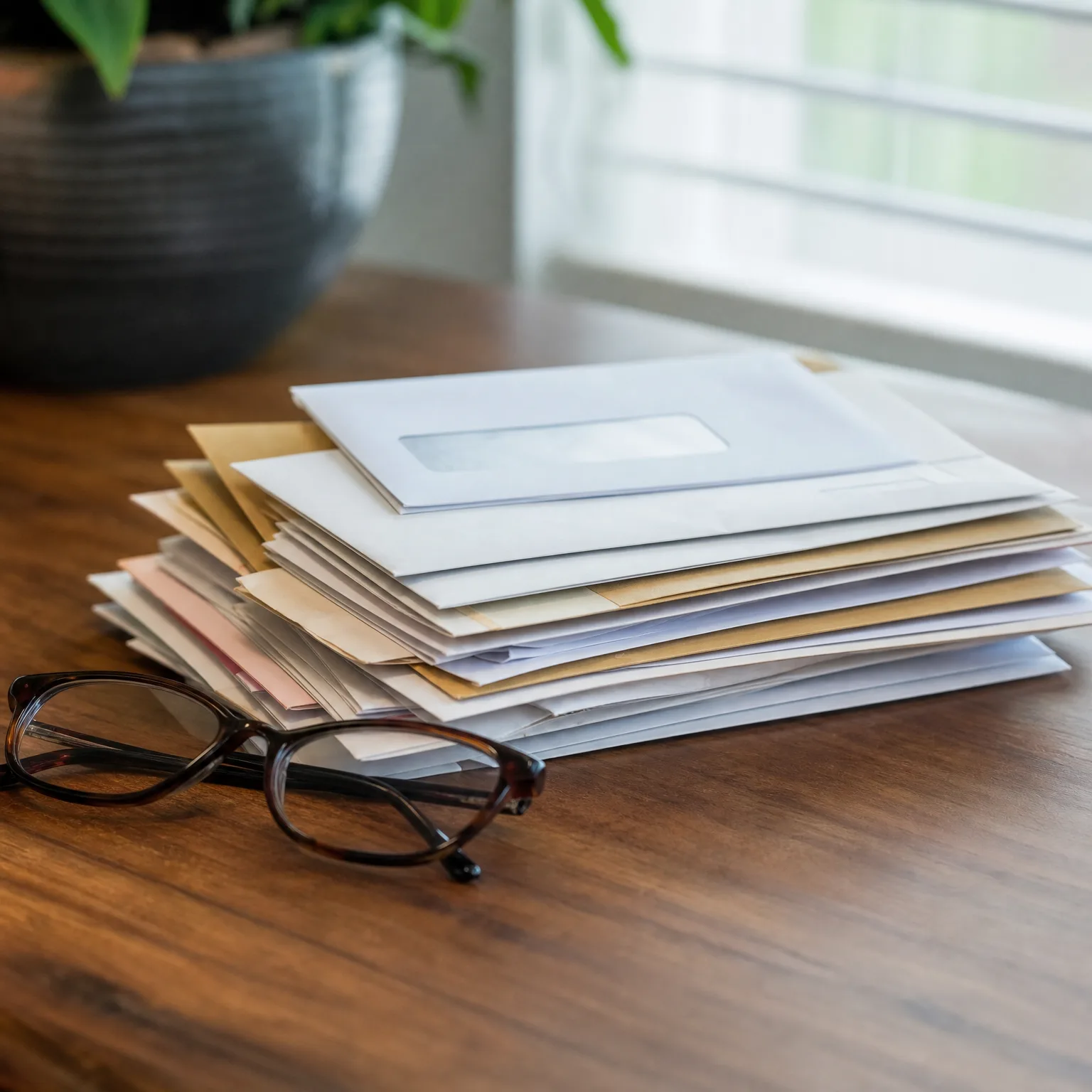 A stack of white, cream and pink envelopes, including one with a clear address window, sits on a dark wood table beside a pair of tortoiseshell eyeglasses, with a potted plant and bright window behind.