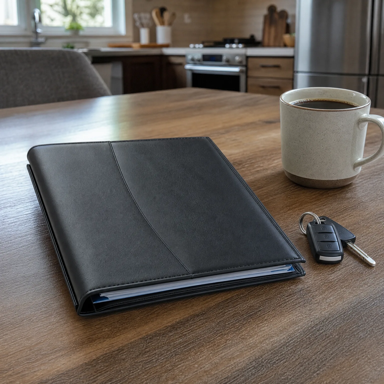 A black leather folder holding papers lies on a wooden table beside a ceramic mug of coffee and a car key fob, with a blurred kitchen in the background.