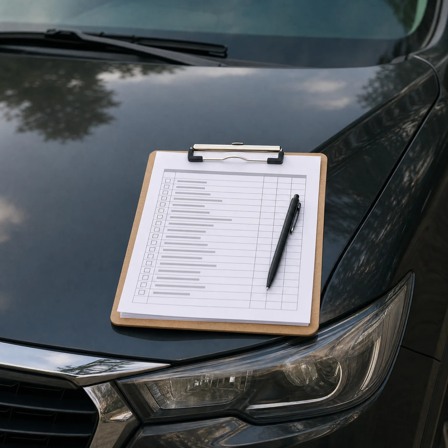 A wooden clipboard holding a printed checklist form with a black pen rests on the hood of a dark car near the headlight.