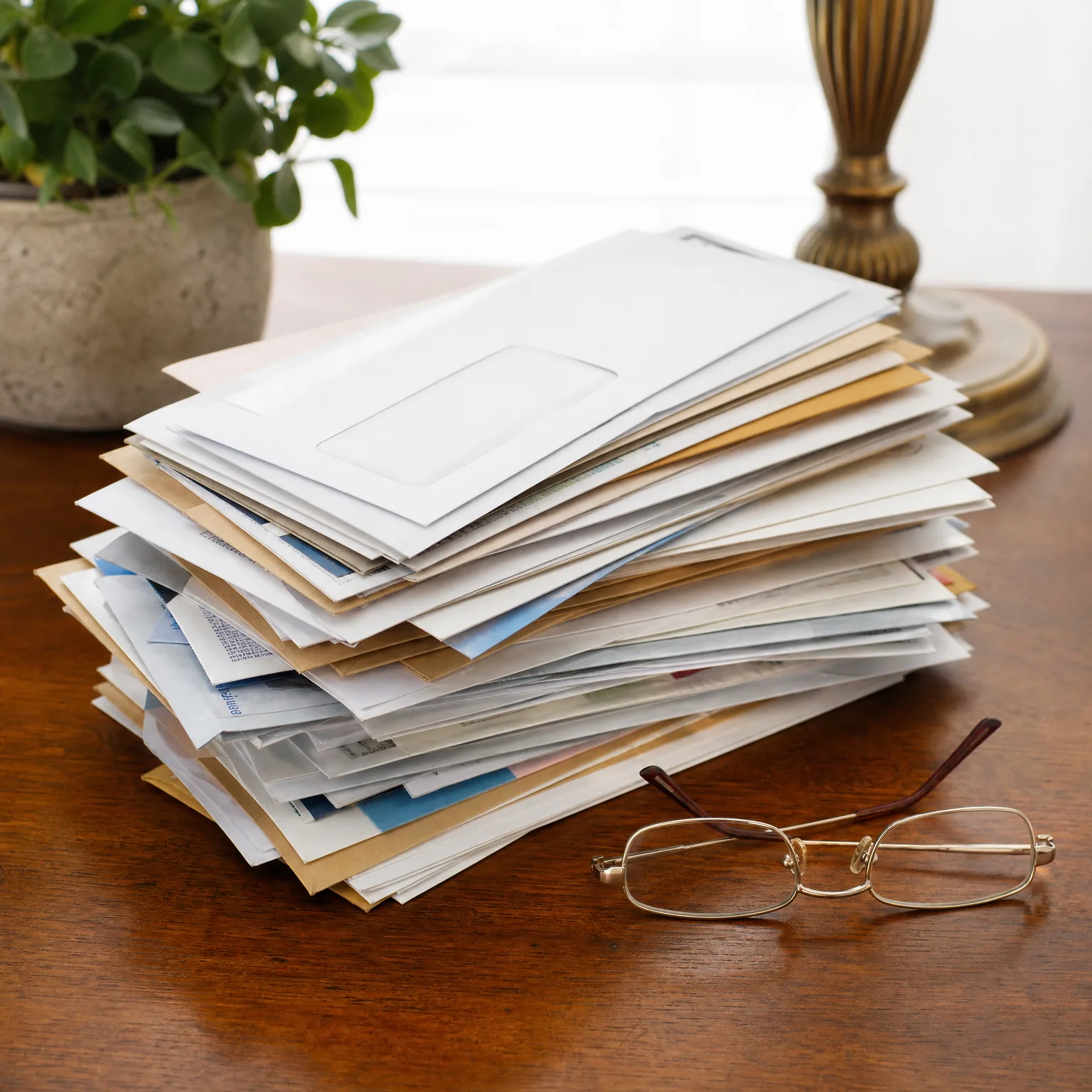 A large stack of white and manila envelopes and papers on a wooden table, with wire-rimmed reading glasses beside it and a potted plant and lamp base behind.